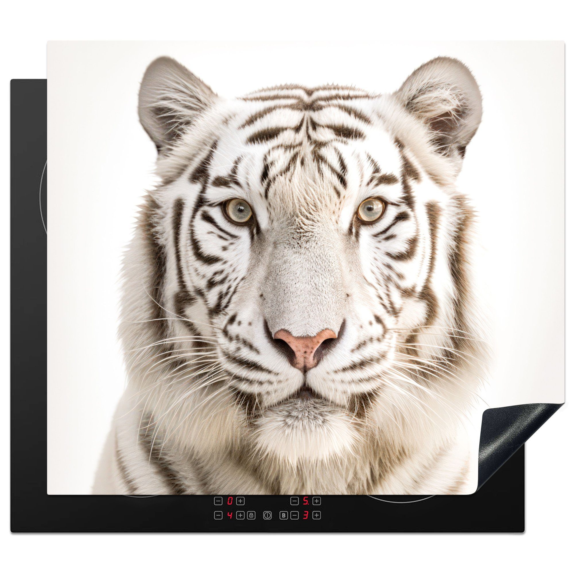 MuchoWow Herdblende-/Abdeckplatte Tiger - Albino - Tier - Porträt - Weiß, Vinyl, (1 tlg), 60x52 cm, Mobile Arbeitsfläche nutzbar, Ceranfeldabdeckung