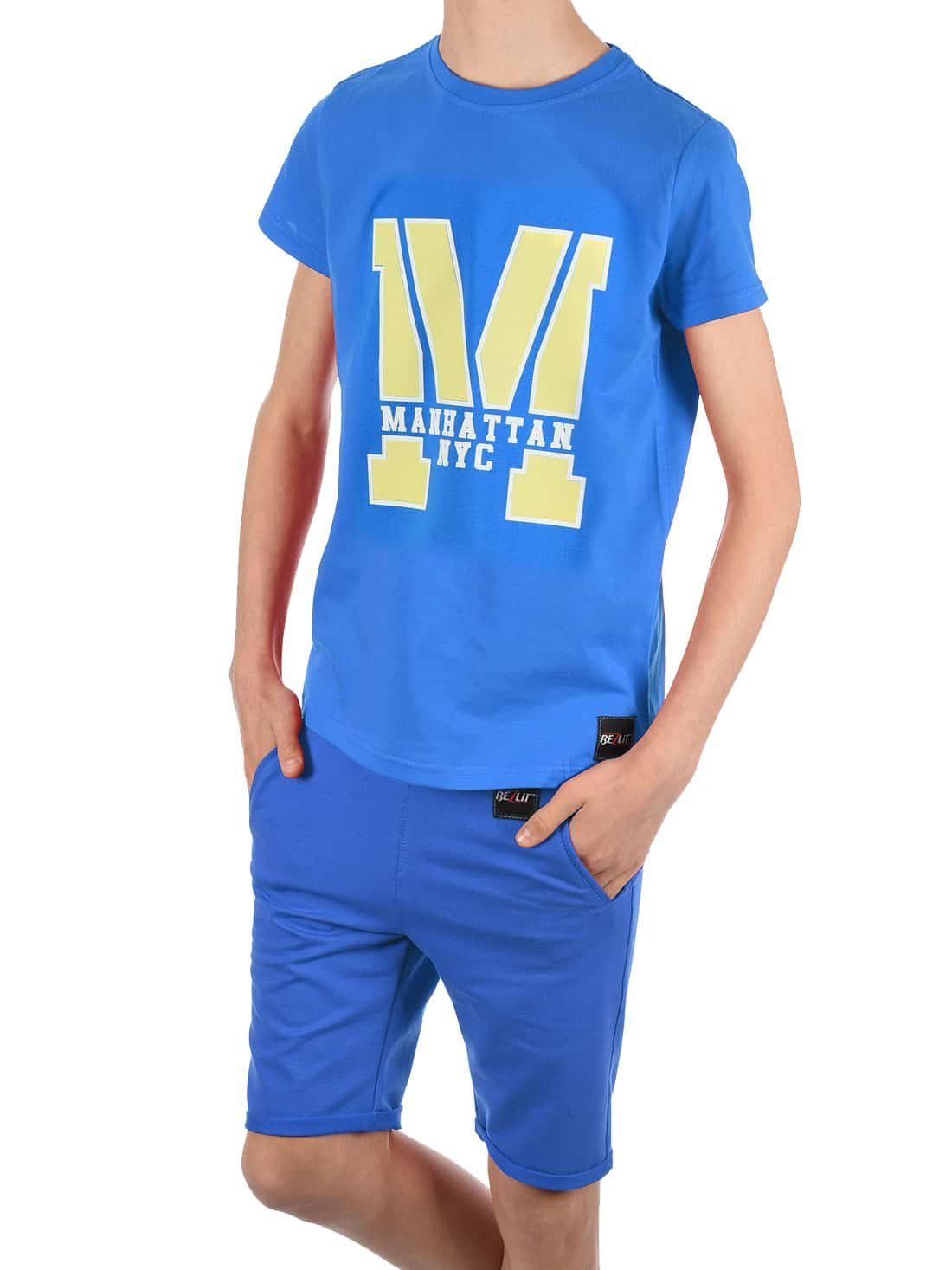 Jungen mit (1-tlg) T-Shirt Shorts & / Blau Bund Blau BEZLIT Set elastischem Shorts T-Shirt