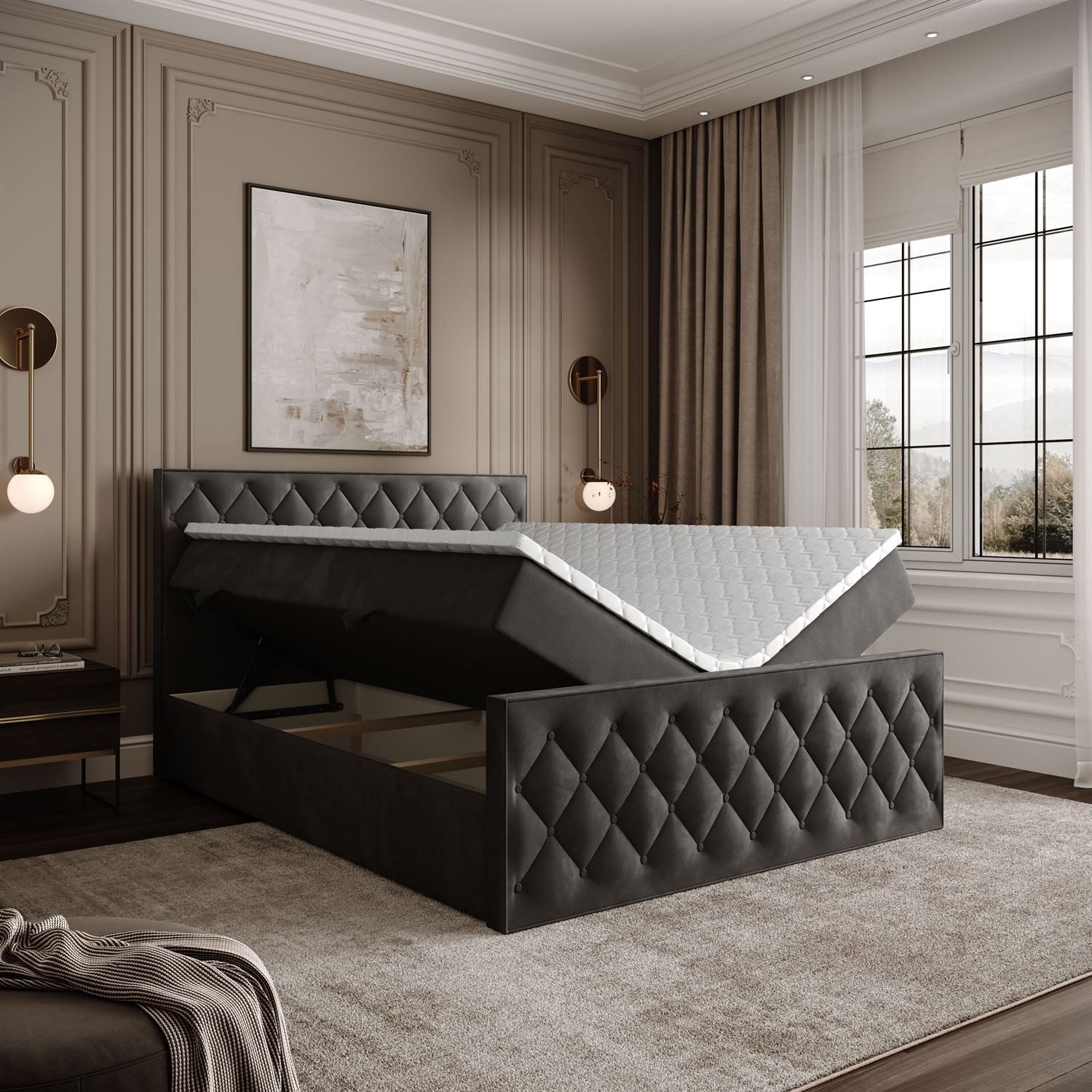 Lookway Boxspringbett INEZ II mit Bettkasten und Topper (Boxspringbett mit Topper), Breite: 140/160/180x200 cm