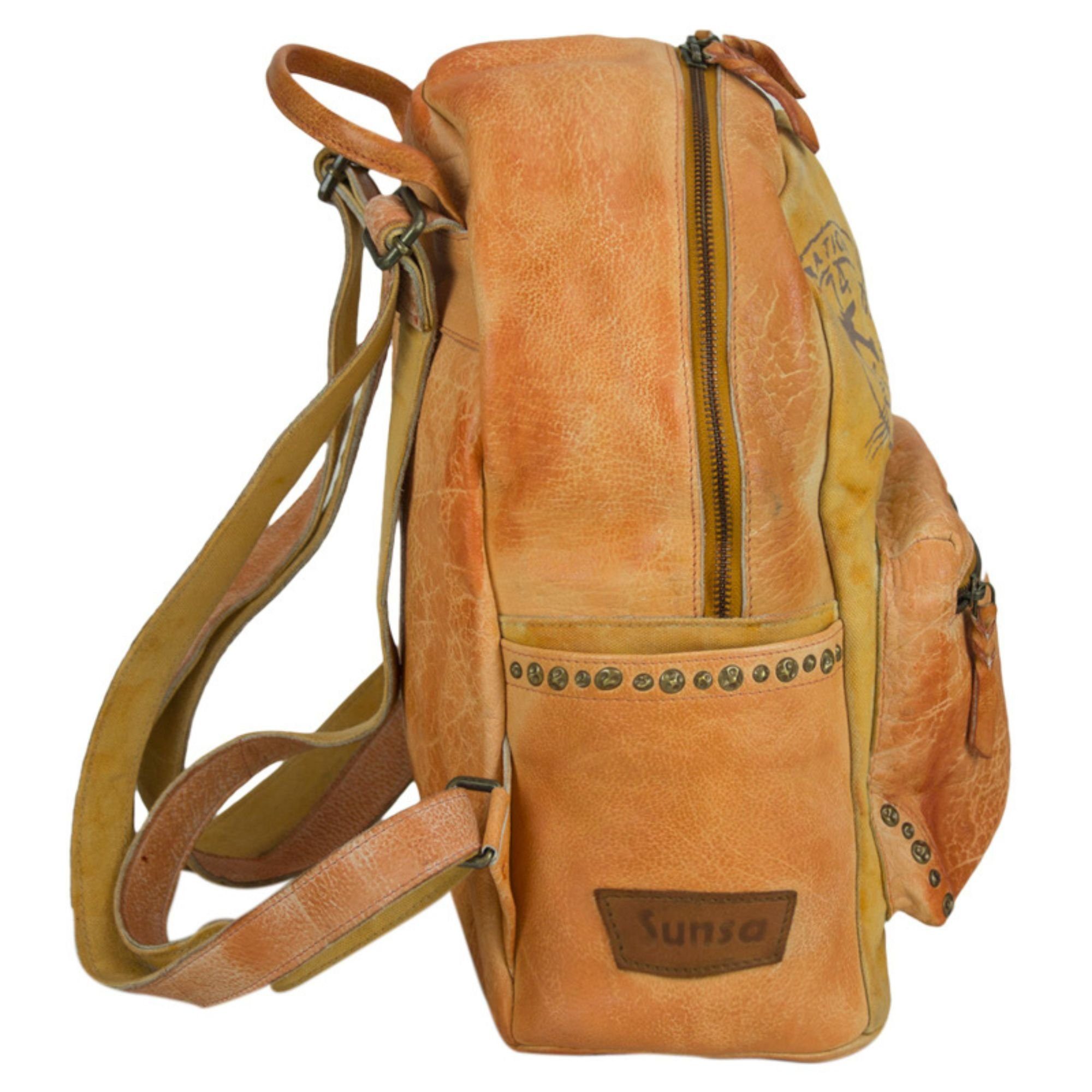 Leder orange Rucksack, Cityrucksack mit Echte für aus Backpack und Schöne Canvas, Still. Tasche wash Daypack Vintage Sie/ Ihn, wash Canvas Stone Aufdruck Leder Retro Stone Sunsa in
