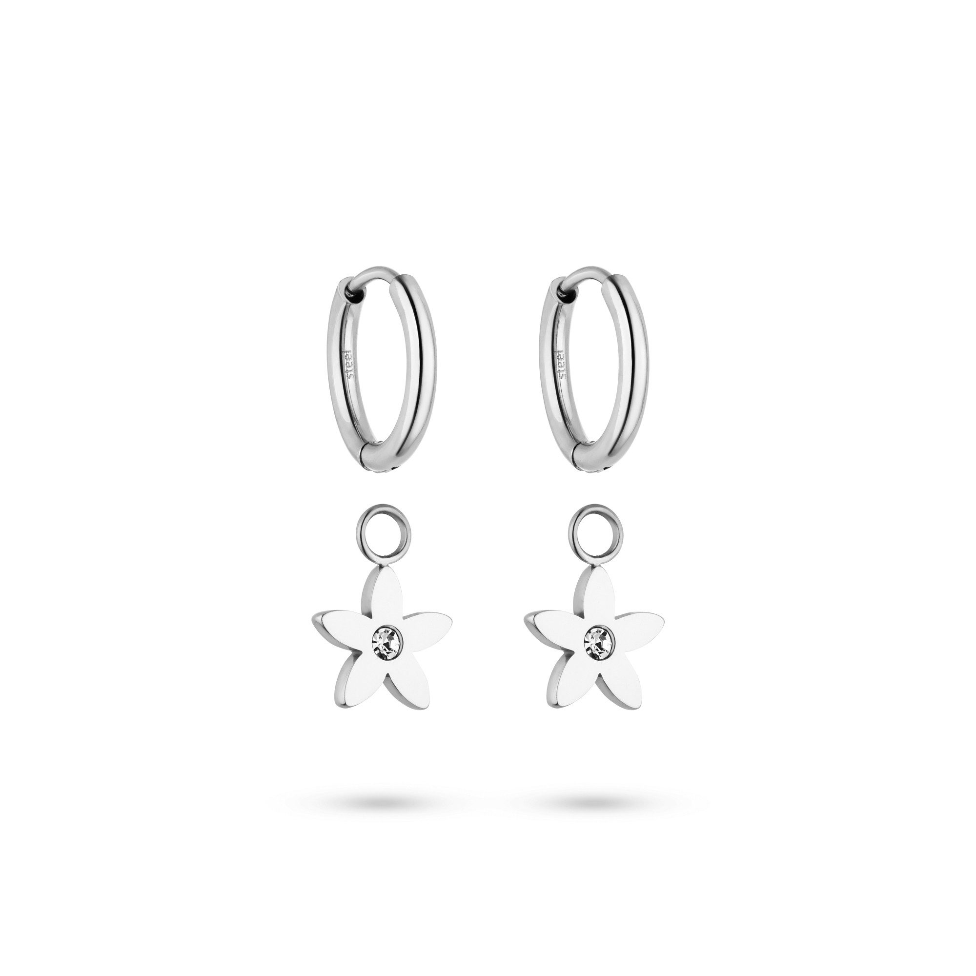 Tamaris Paar Creolen Edelstahl Schmuck mit abnehmbaren Blüten-Einhängern Glitter Flower, mit Zirkonia (synth)