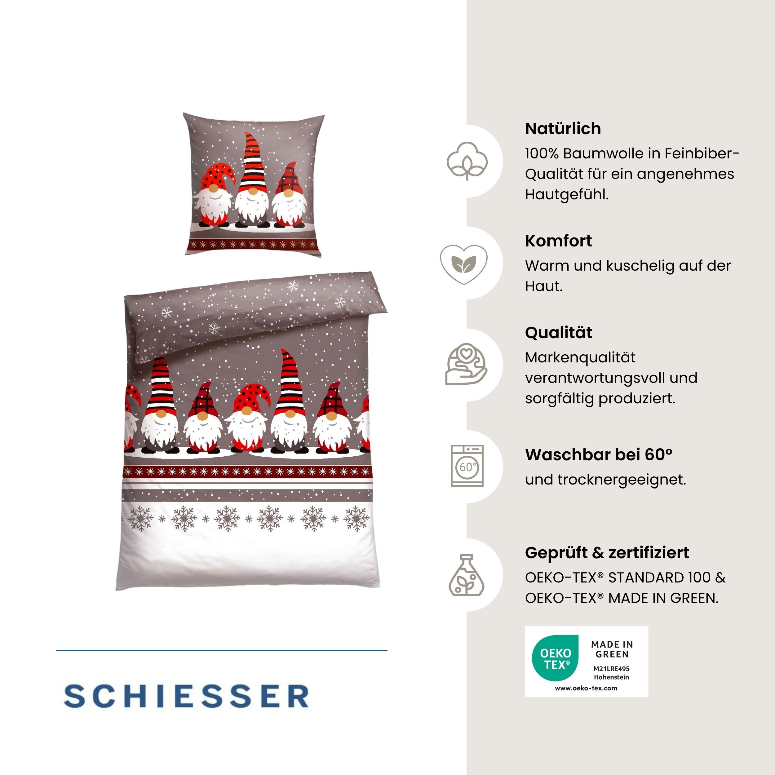 Schiesser Bettwäsche Wichtel aus weicher Baumwolle mit coolem Winter-Print, Feinbiber, 2 teilig, OEKO-TEX® MADE IN GREEN-zertifiziert – Bild 2 von 5