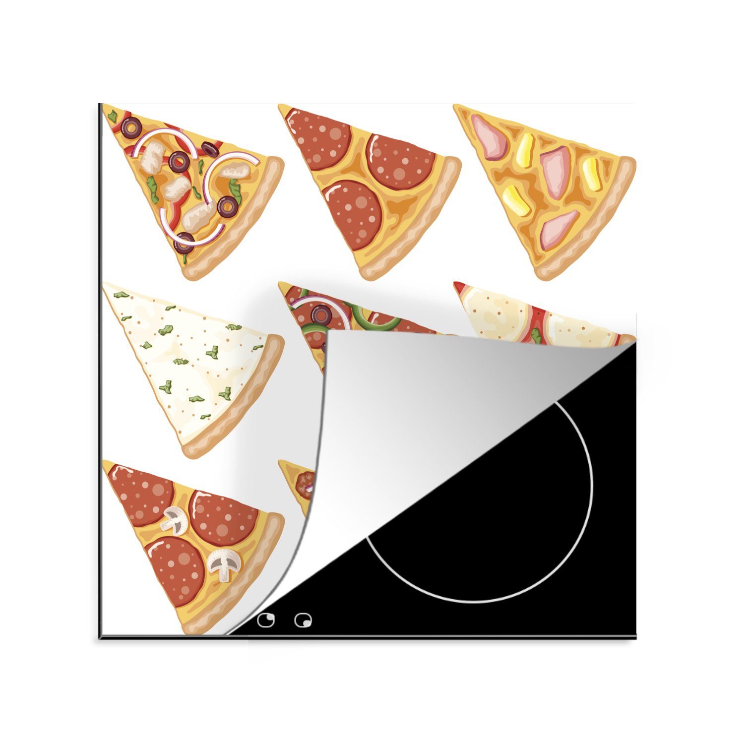 MuchoWow Herdblende-/Abdeckplatte Verschiedene Pizzasorten in Form eines Punktes, Vinyl, (1 tlg), 78x78 cm, Ceranfeldabdeckung, Arbeitsplatte für küche