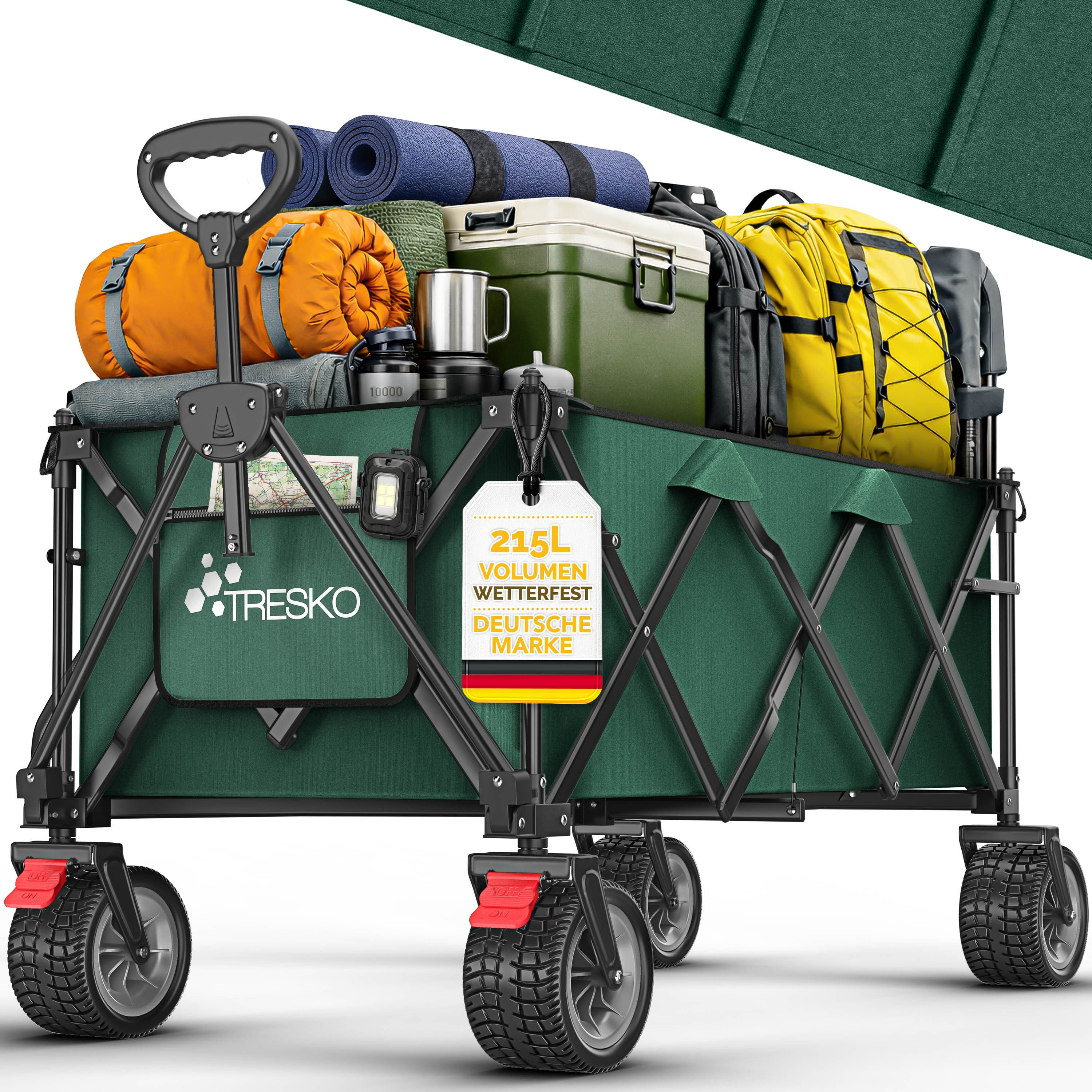 TRESKO Bollerwagen TRESKO® GV-215 Faltbarer Bollerwagen Handwagen (Faltbarer Strandwagen Extra Breite All-Terrain-Räder, Transportwagen mit Tragetasche), faltbar 215L mit Bremse Handwagen klappbar 150kg inkl. Vollgummireifen