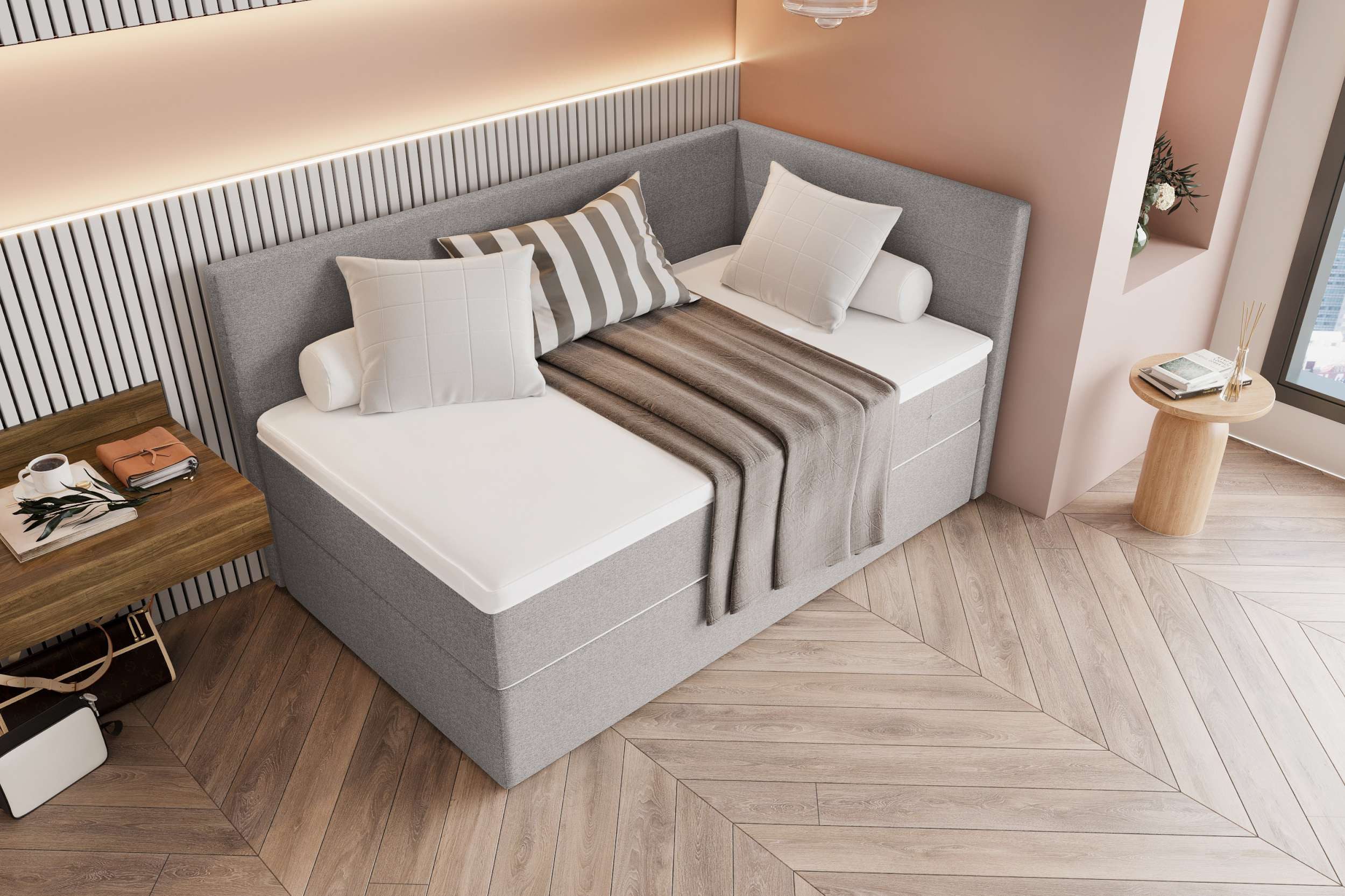 99rooms Boxspringbett Phönix Mini Plus (Schlafzimmerbett, Bett), mit Taschenfederkernmatratze und Topper, in Webstoff MALMO_NEW