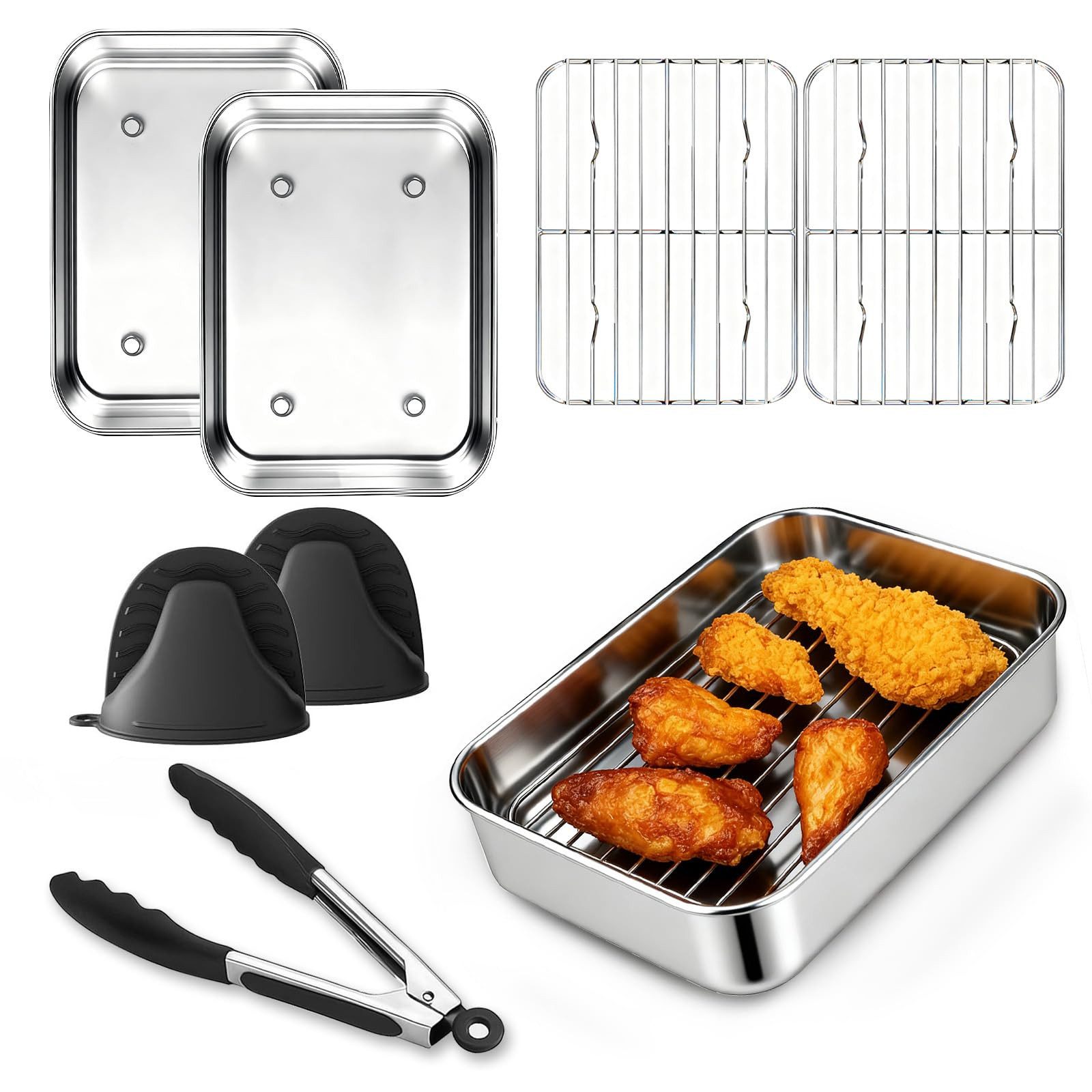 SURFOU Backform für Ninja Heißluftfritteuse, 6-tlg Airfryer Zubehör für Ninja Airfryer, (Zubehör für Ninja Dual Zone & FlexDrawer – 6-tlg. Heißluftfritteuse Zubehör für AF500EU AF400EU AF451EU DZ400EU, 2 x Auflaufformen & 2 x Grillroste aus Edelstahl 304, Silikonzange & Handschuhe, spülmaschinenfest), Rostbeständig, langlebig und BPA-frei