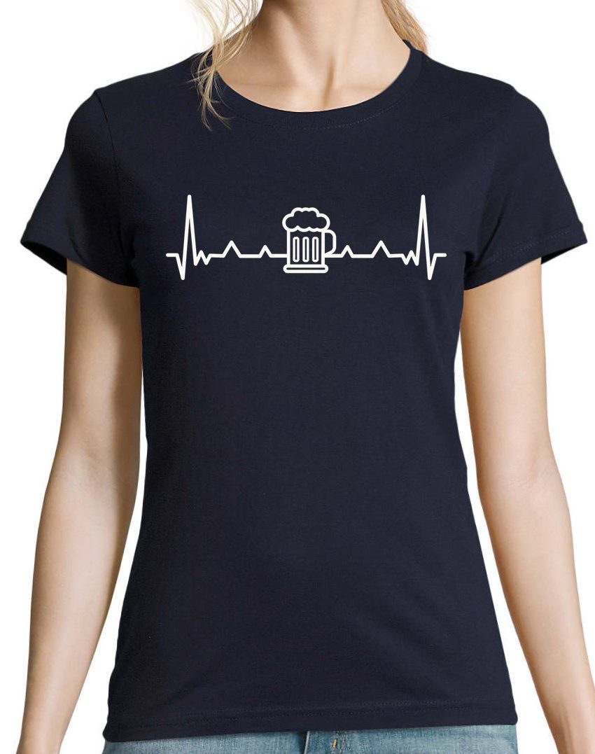 Shirt Youth T-Shirt Damen Frontprint mit trenidgem Designz Bier Herzschlag Navyblau