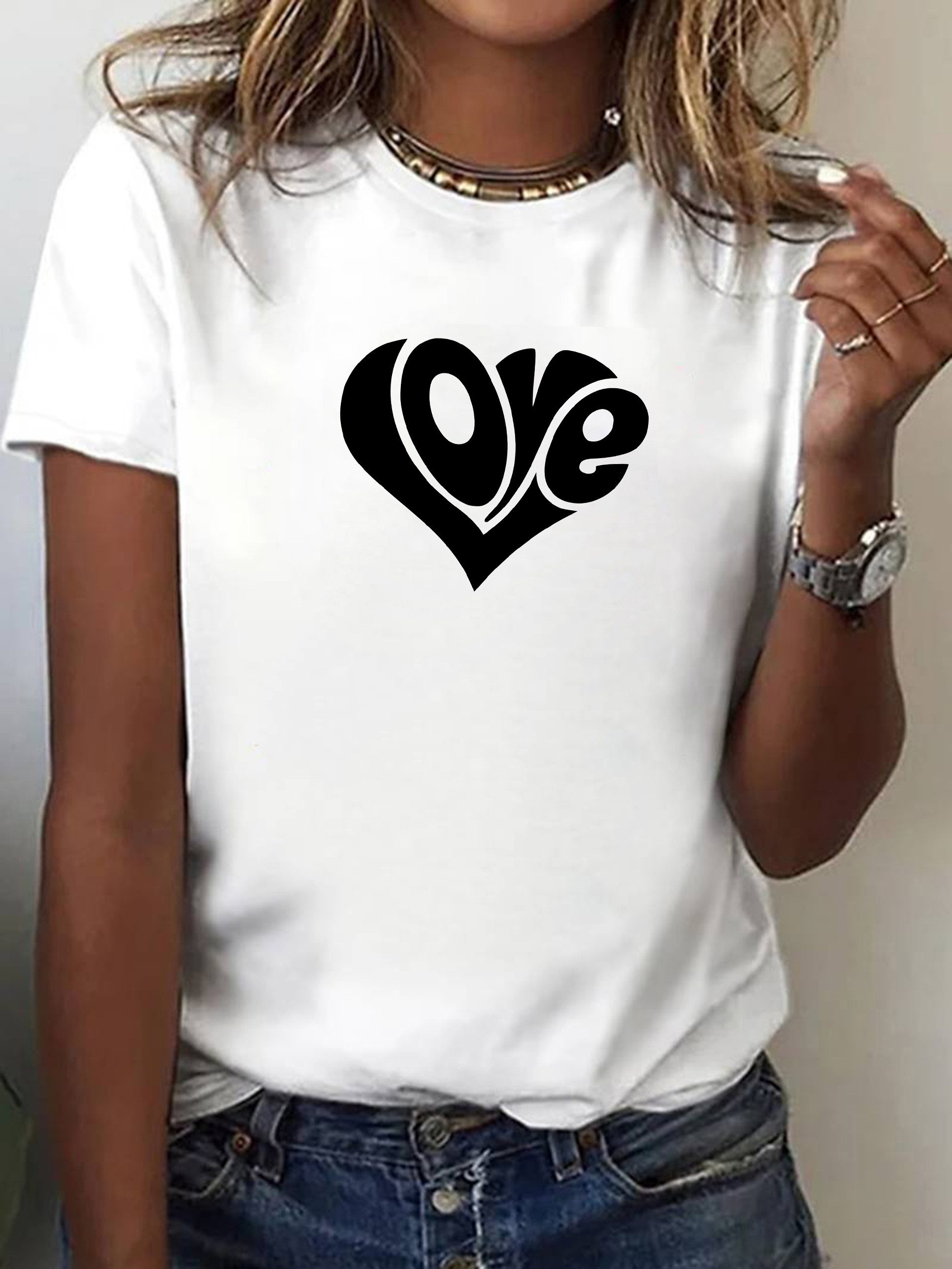 RMK T-Shirt Damen Shirt Top Sommer Basic Rundhals Love Herz