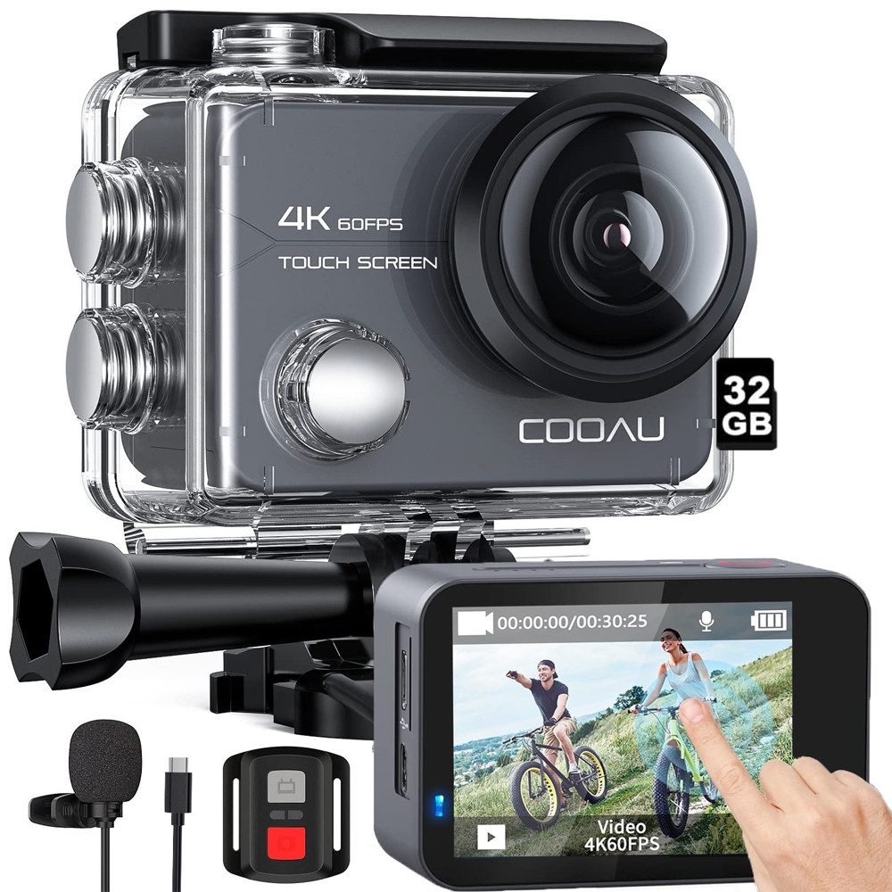 COOAU Action Cam 4k wasserdicht 40M 20MP WiFi Sport Kamaras camcorder Action Cam (4K / 60fps, 4K / 30fps, 1080P / 120fps, 1080P / 60fps, 1080P / 30fps, 720P / 240fps, WLAN (Wi-Fi), verstellbares externes Mikrofon, 2 x 1350-mAh-Batterien, 32GB TF Karte, 6-Achsen-Anti-EIS, Unterwasserkamera 40M wasserdichtes Gehäuse)