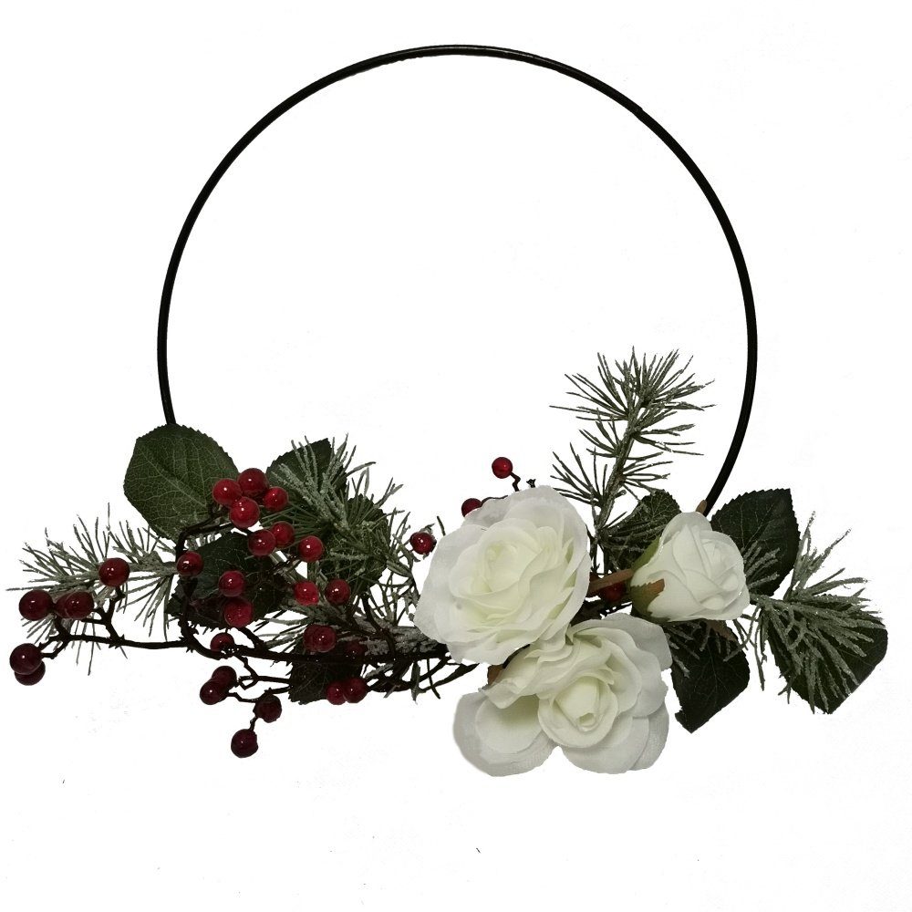 Kunstblume *festl. Dekoring aus Rosen, Beeren, Zeder-Tanne am Organzaband* Rose (Rosa), 2474U, Höhe 33 cm, künstlich, naturgetreu, täuschend echt