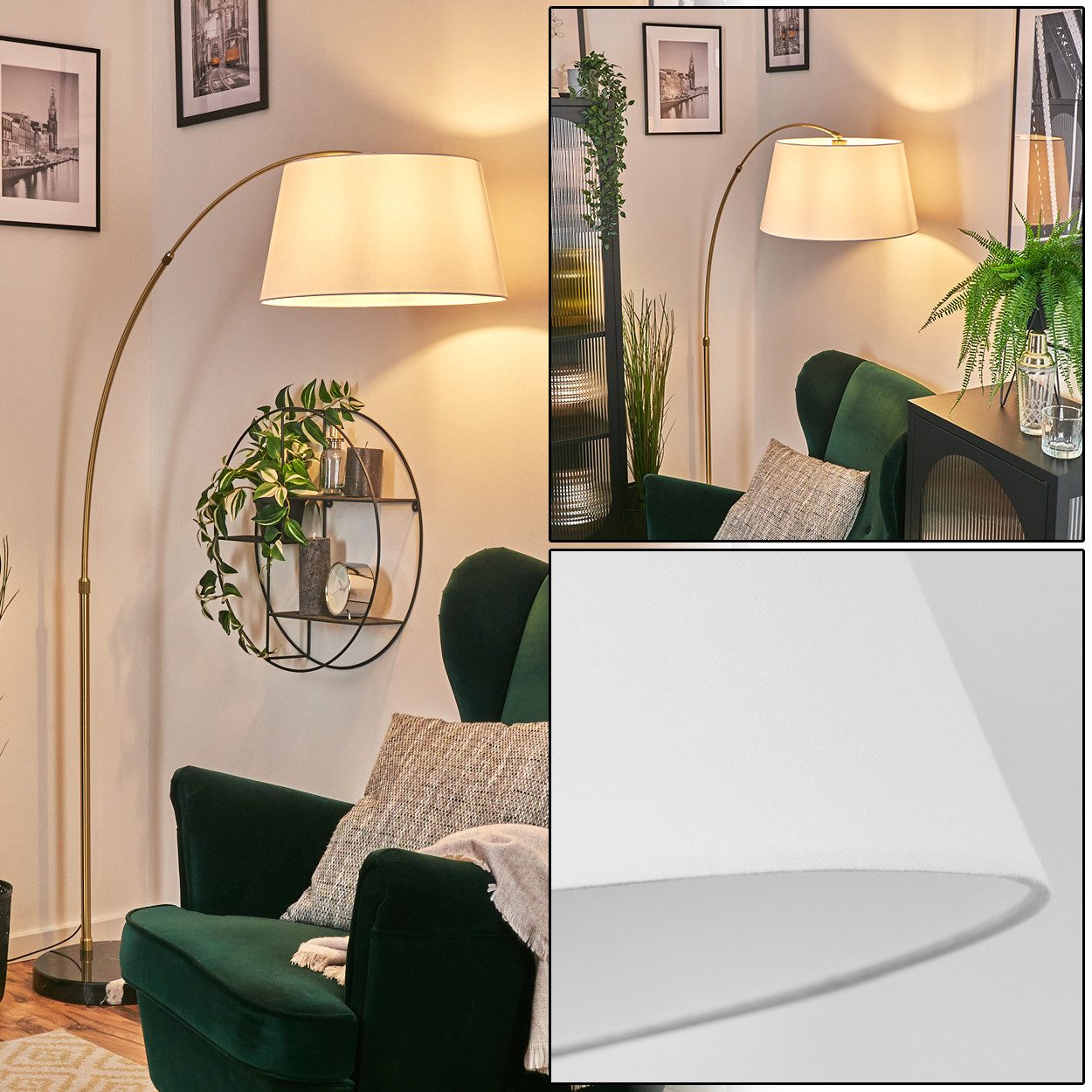 hofstein Bogenlampe Stehlampe aus Metall/Stoff in Schwarz/Messing gebürstet/Weiß, Stehleuchte mit Marmorfuß, modernes Design (45 cm), Fußschalter, E27