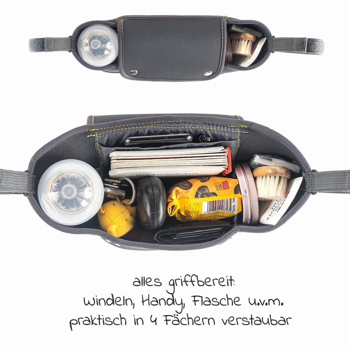 Zamboo Kinderwagen-Tasche Neopren - Dunkelgrau, Buggy Organizer Neopren Kinderwagen Tasche mit Getränkehalter