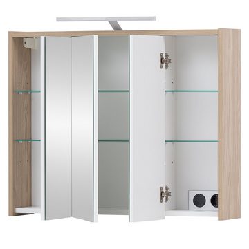 Lomadox Spiegelschrank ESPOO-80 Eiche hell, 3 Türen, Beleuchtung, 74,5 cm breit