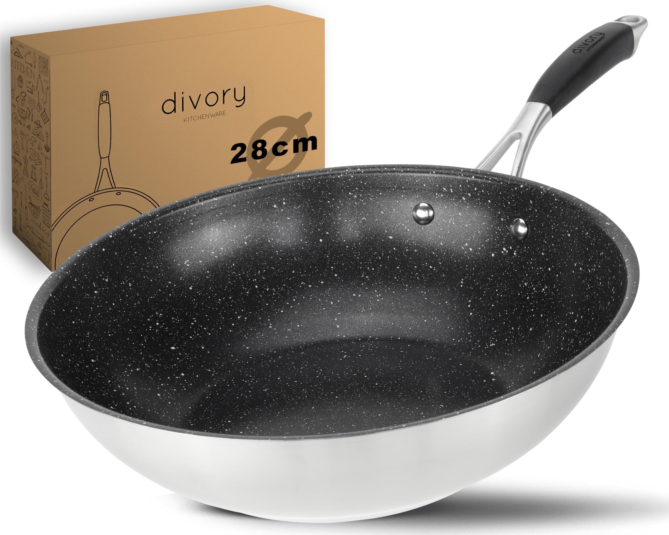 divory Wok 28 cm ULTIME I Antihaft beschichtete, Wok Induktion, Edelstahl (Pfanne groß für Induktionskochfeld, Gasbrenner, Gasherd, spülmaschinengeeignet), Wokpfanne für alle Herdarten