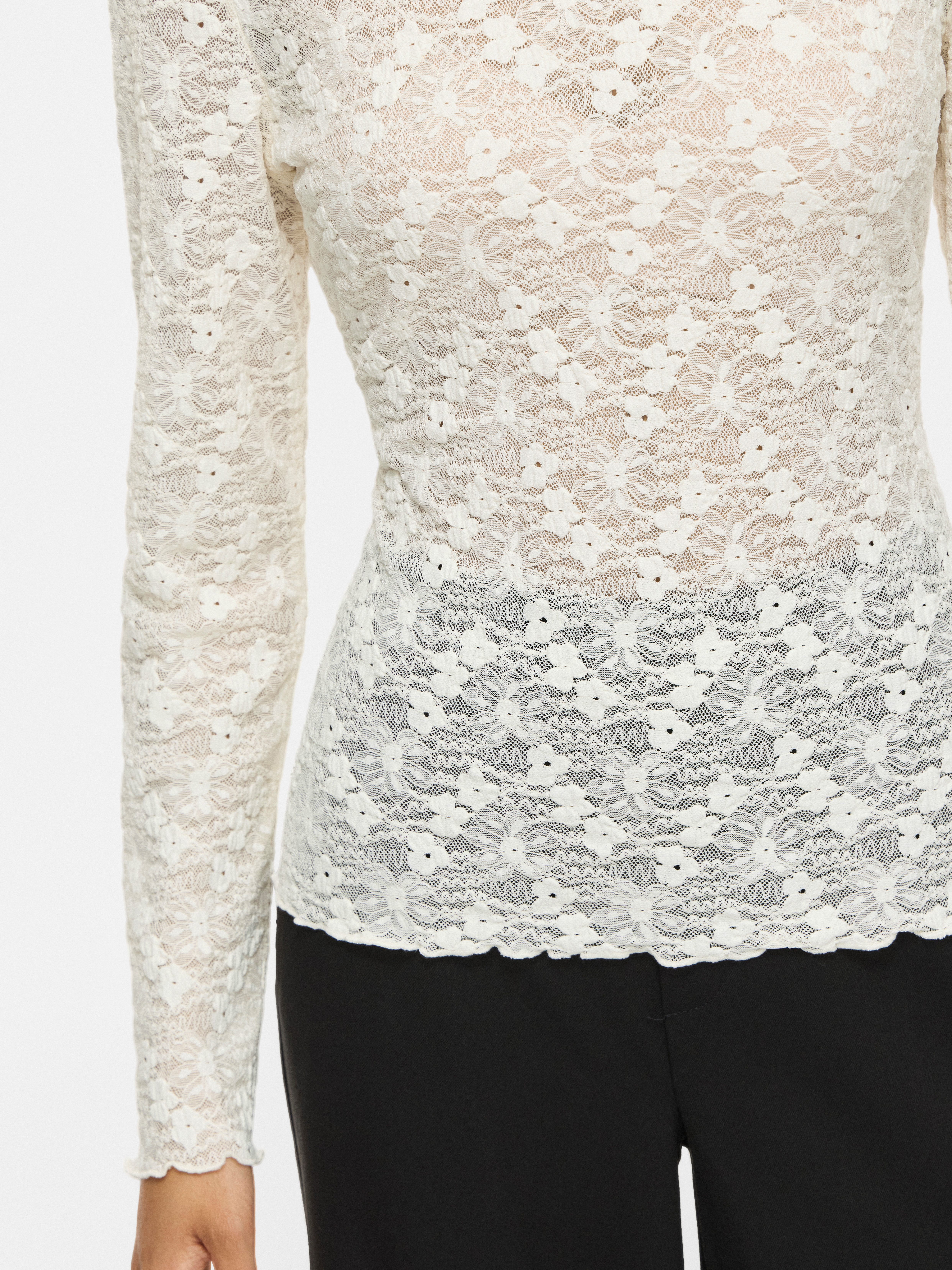 Vila Spitzenshirt VIFAY O-NECK L/S TOP - NOOS Materialmix, enger Schnitt