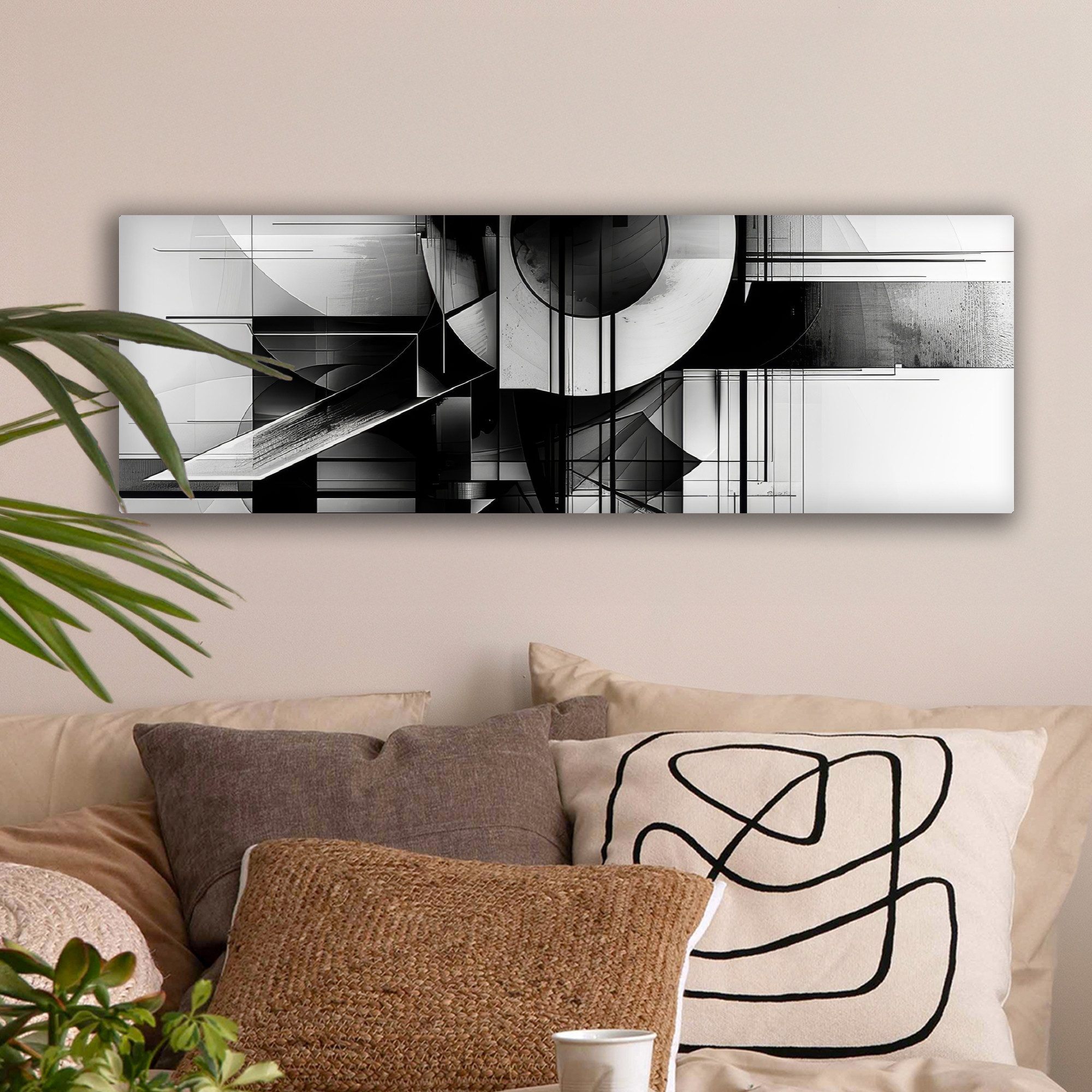 OneMillionCanvasses® Leinwandbild Panorama Abstrakt - Kunst - Modern - Schwarz und weiß, Fotodruck (1 St), Wandbild, Deko Schlafzimmer Wohnzimmer Flur 60x20 cm