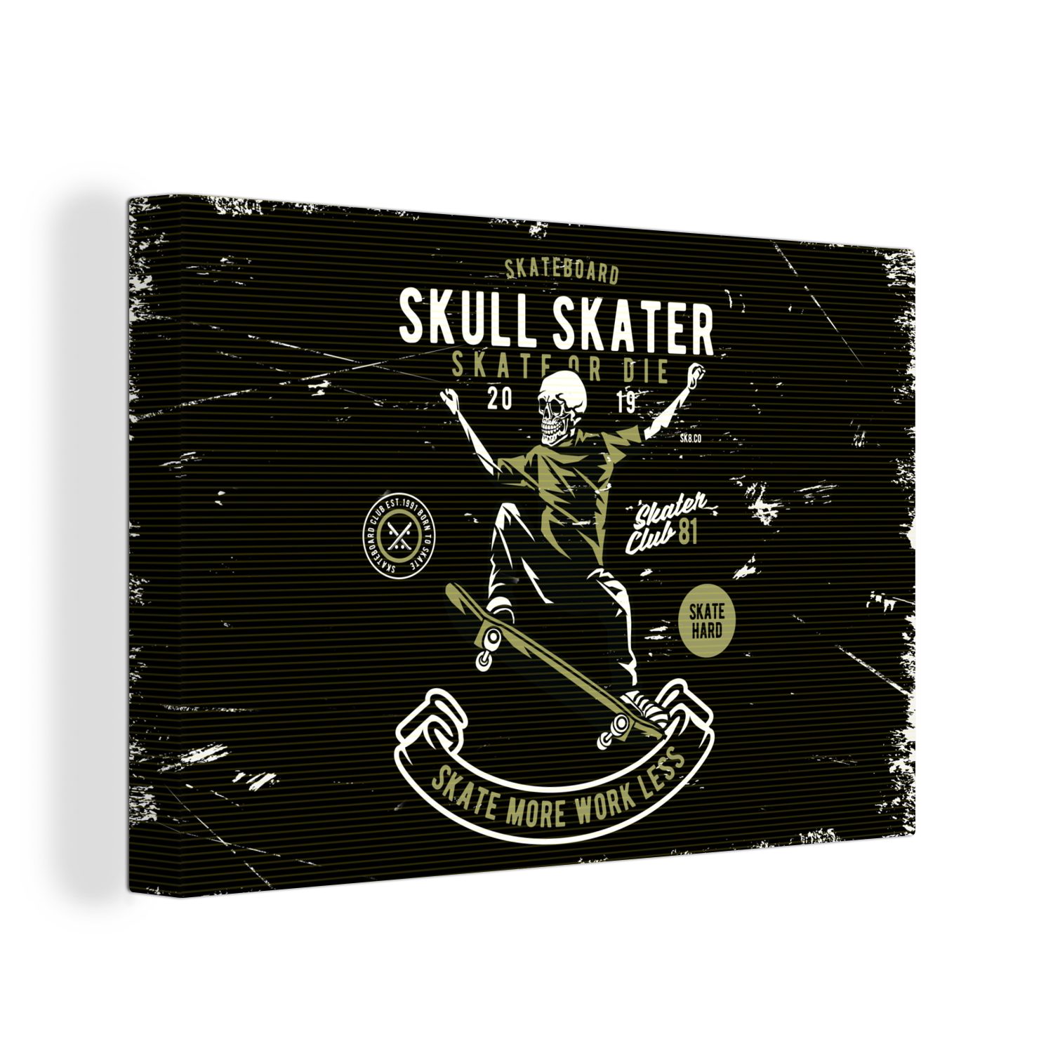 OneMillionCanvasses® Leinwandbild Skelett - Skateboard Retro, St), (1 30x20 cm Leinwandbilder, Wandbild Wanddeko, - Aufhängefertig