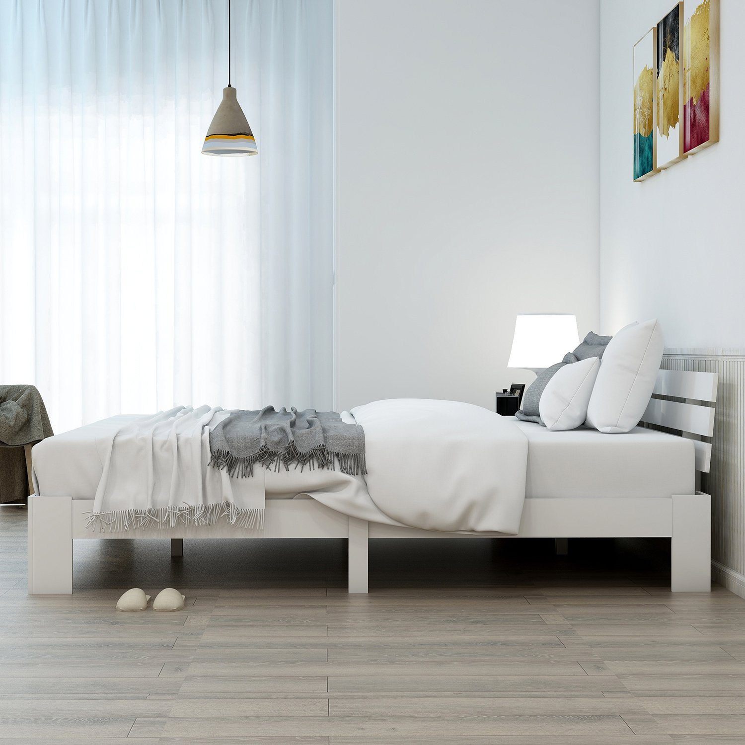 Ulife Massivholzbett 140 x 200 cm, Bettgestell mit Lattenrost, Doppelbett mit Kopfteil (Ohne Matratze), als Kieferbett verwendbar, Weiß – Bild 3 von 5