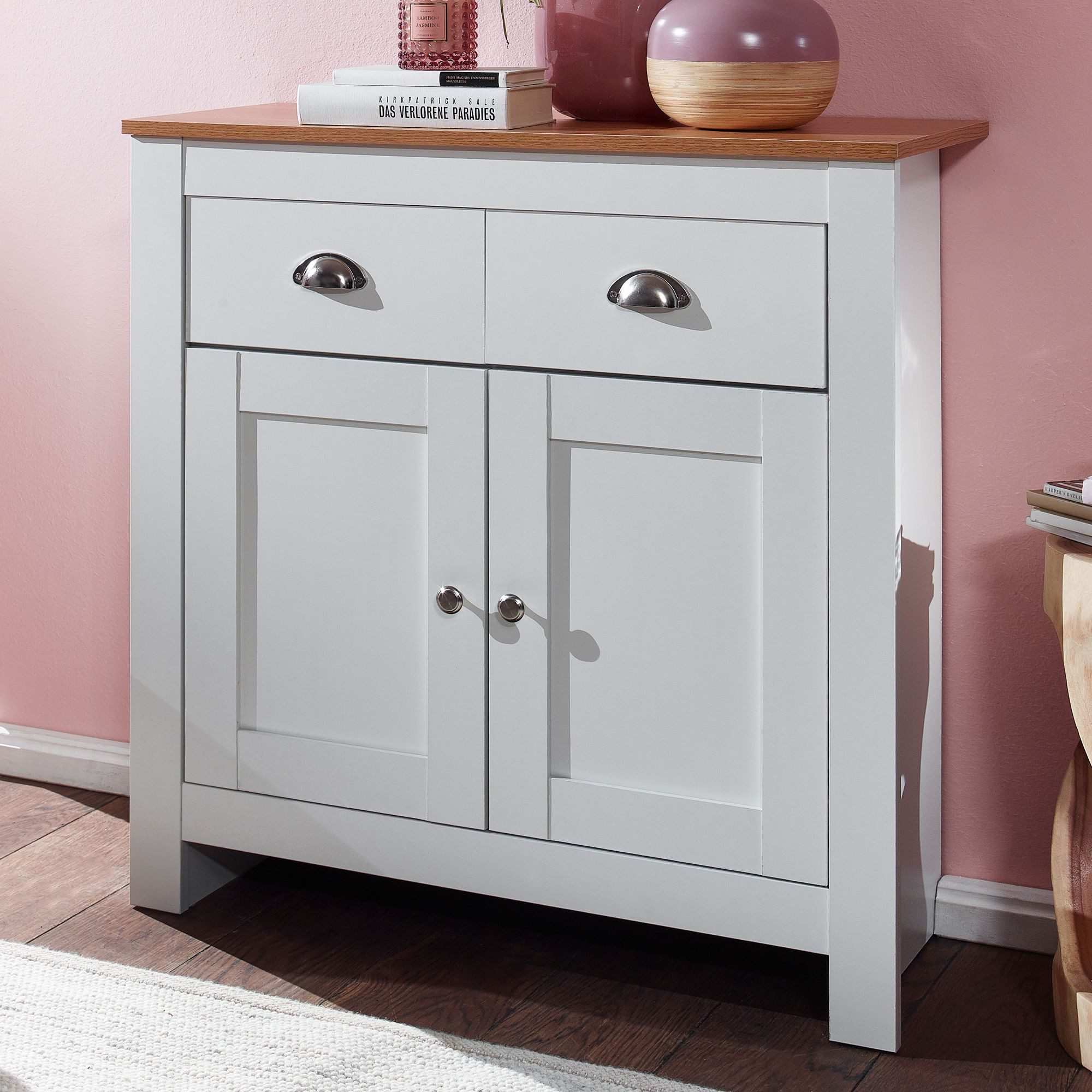 FINEBUY Sideboard FB72120 MDF Weiß - Eiche 80cm Kommode mit 2 Schubladen & günstig online kaufen