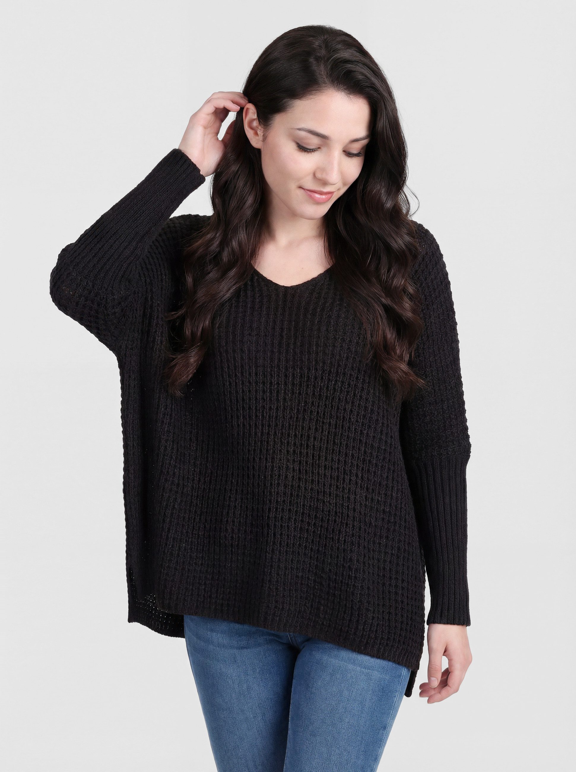PEKIVESSA Strickpullover Oversize Grobstrick-Pullover mit V-Ausschnitt am Ärmel breiter Rippstrick