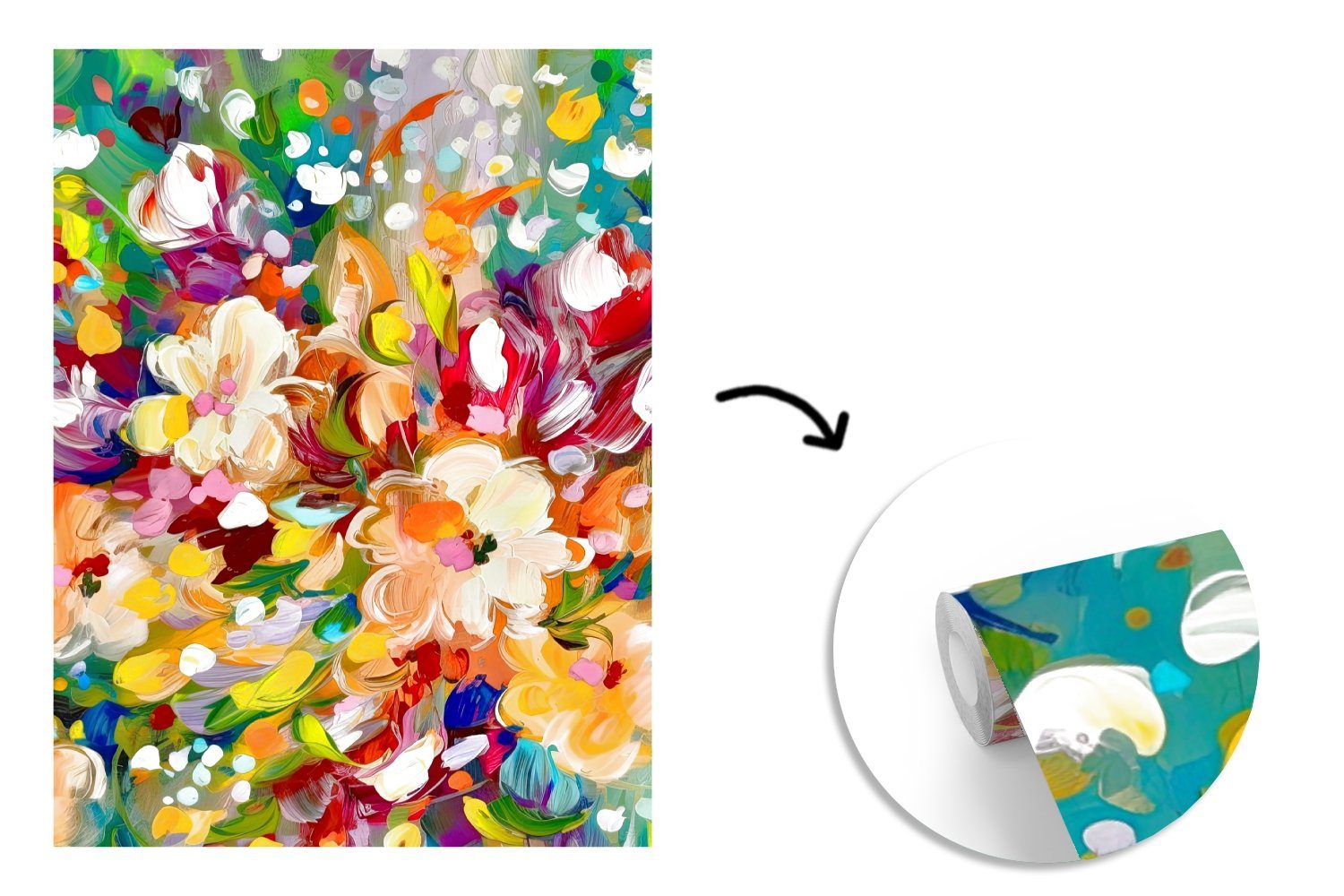 Montagefertig - Vinyl - Tapete (4 bedruckt, - Regenbogen, Gemälde Ölfarbe Wandtapete Fototapete St), MuchoWow Blumen Matt, Wohnzimmer, für