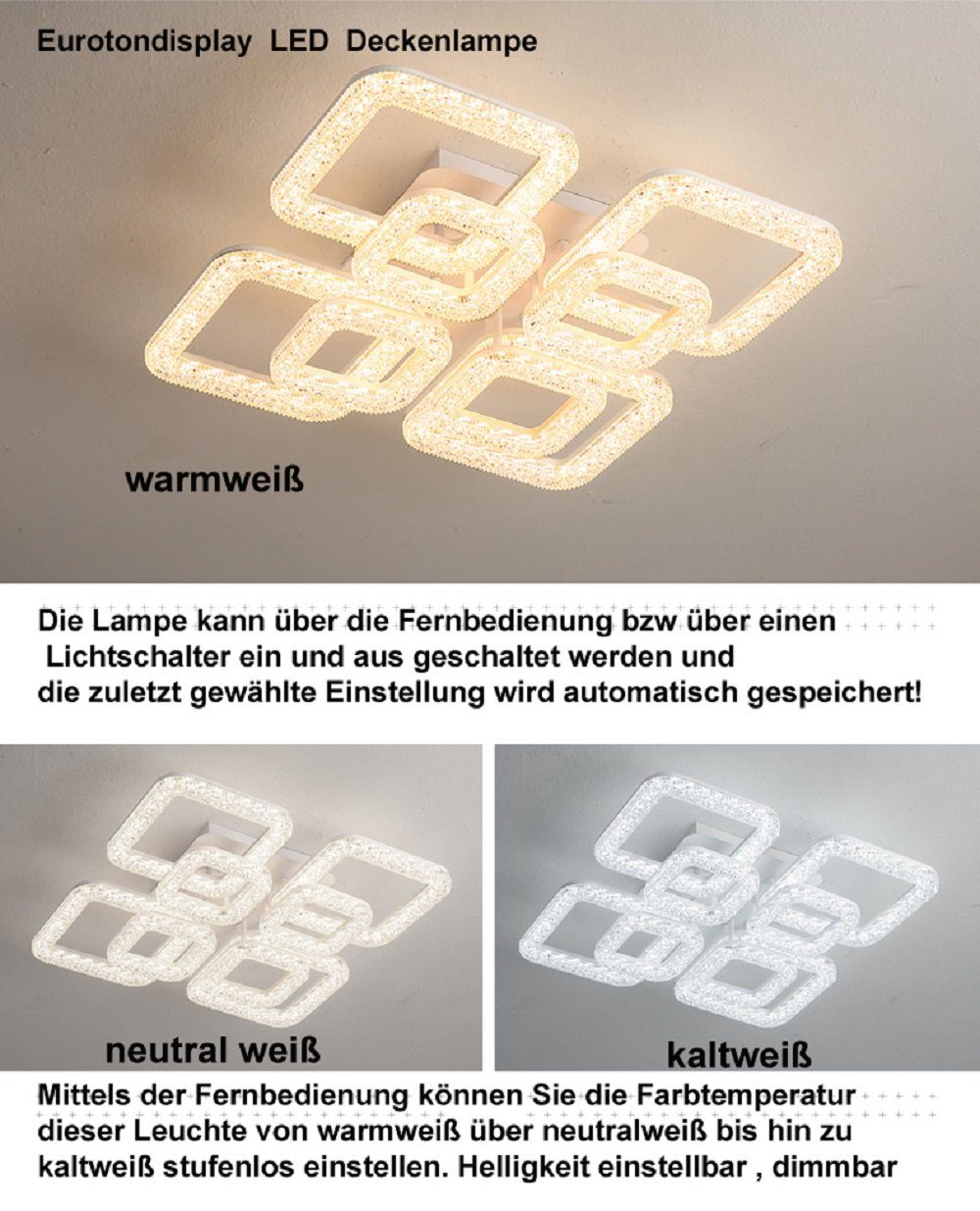 Euroton LED Deckenleuchte LED Deckenlampe integriert, Fernbedienung fest einstellbar LED -warmweiß, stufenlos einstellbar, mit 7000k-3000k kaltweiß-neutalweiß Lampe Fernbedienung Lichtfarbe/Helligkeit