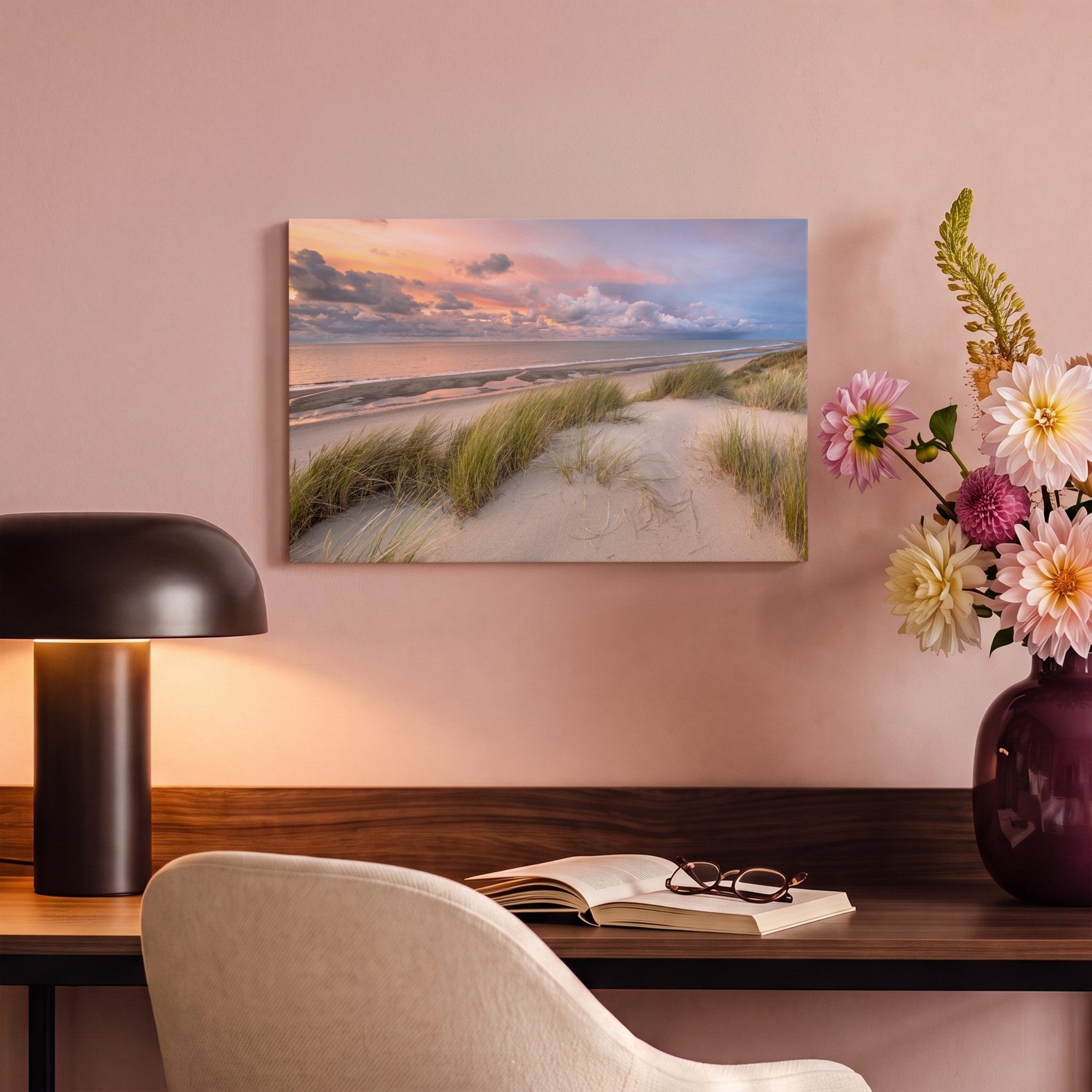 OneMillionCanvasses® Leinwandbild Strand - Meer - Dünen - Niederlande - Rosa, Fotodruck (1 St), Leinwand Bilder Klein, Wand Dekoration Aesthetic 30x20 cm – Bild 4 von 5