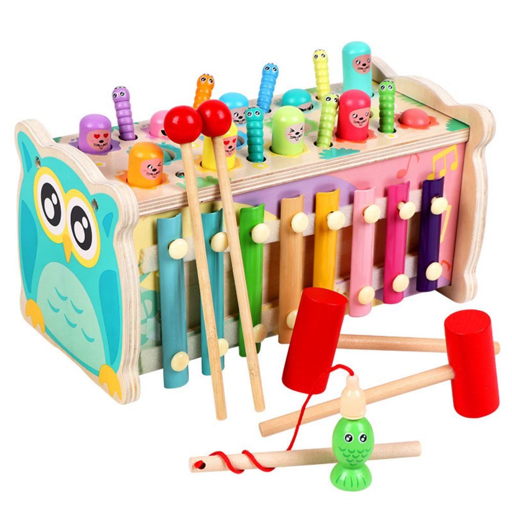 Fivejoy Kinder-Hammer Hammerspiel für Kinder ab 3 Jahren, 4-in-1 Lernspielzeug aus Holz, (Hammer, Trommeln, Musik, Xylophon, Angelspiel für 3 Jahre, Montessori-Spielzeug ab 3 4 5 6, 1-tlg)