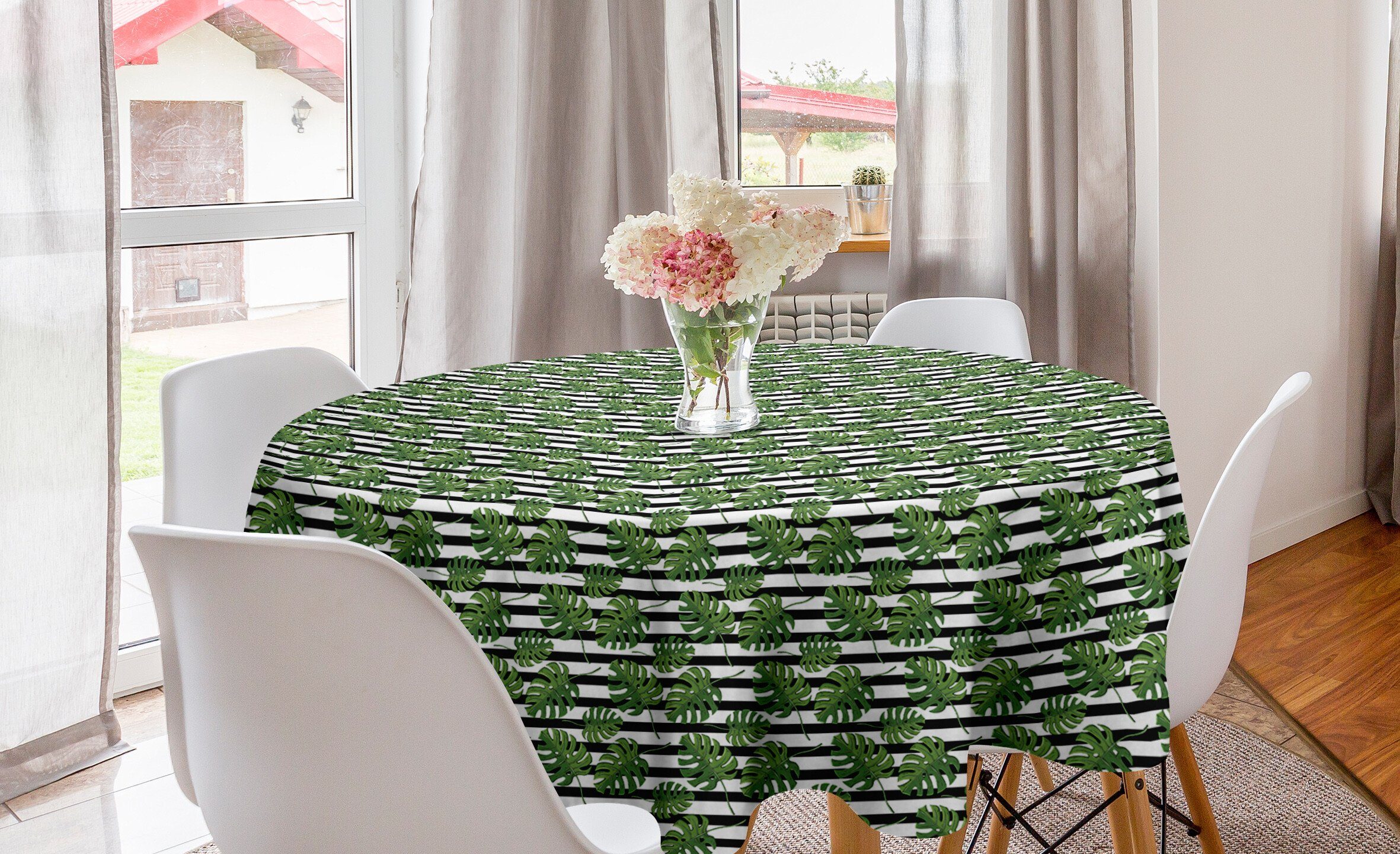 Abakuhaus Tischdecke Kreis Tischdecke Abdeckung für Esszimmer Küche Dekoration, Philodendron Blätter auf Streifen