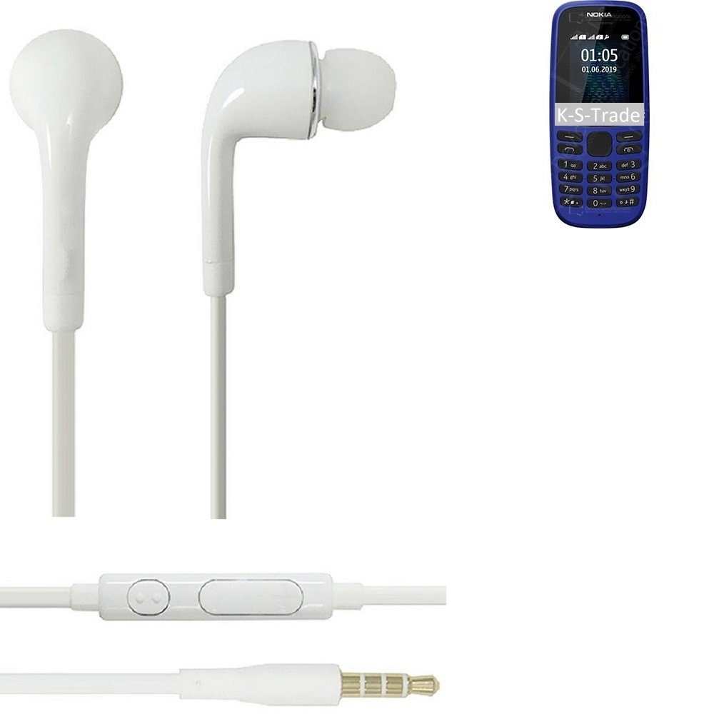 K-S-Trade für Nokia 105 (2019) In-Ear-Kopfhörer (Kopfhörer Headset mit Mikrofon u Lautstärkeregler weiß 3,5mm)