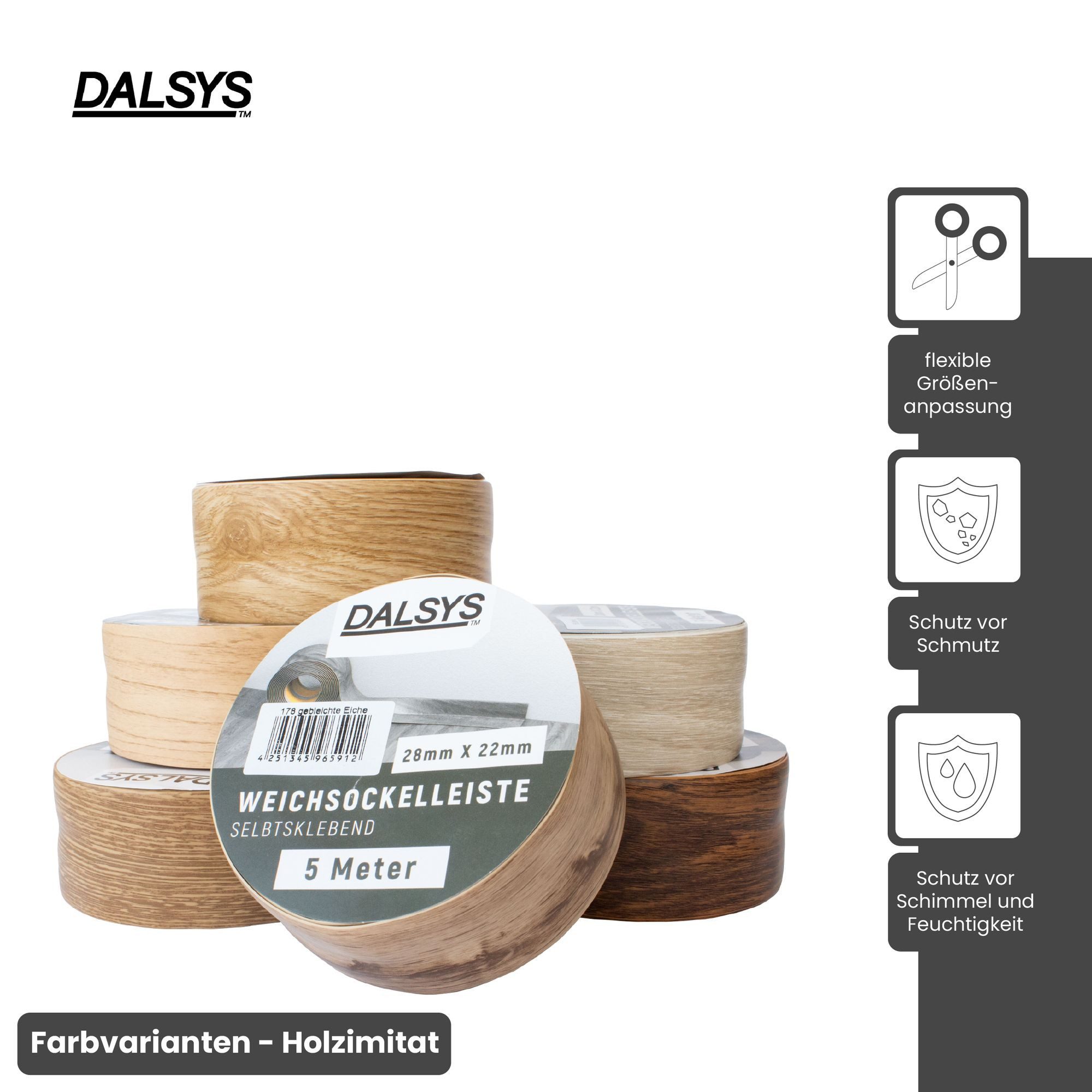 Dalsys Sockelleiste, L: 500 cm, Weichsockelleiste selbstklebend, 1-St., Klebeleiste, Abschlussleiste für Fugen in Wohnbereich, Küche, Bad