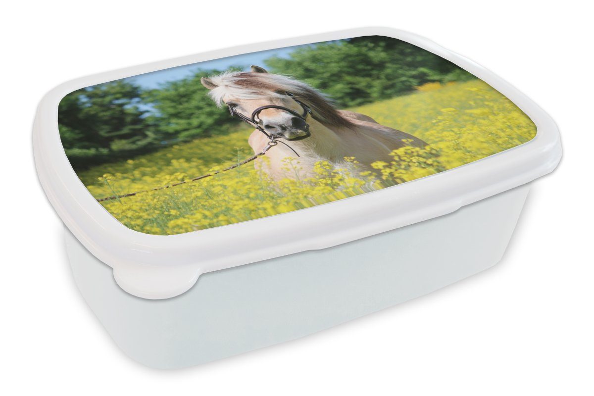 Jungs - Erwachsene, Mädchen für Brotdose, und - MuchoWow Lunchbox Gelb, Brotbox (2-tlg), Kunststoff, für Kinder und Pferd Blumen weiß