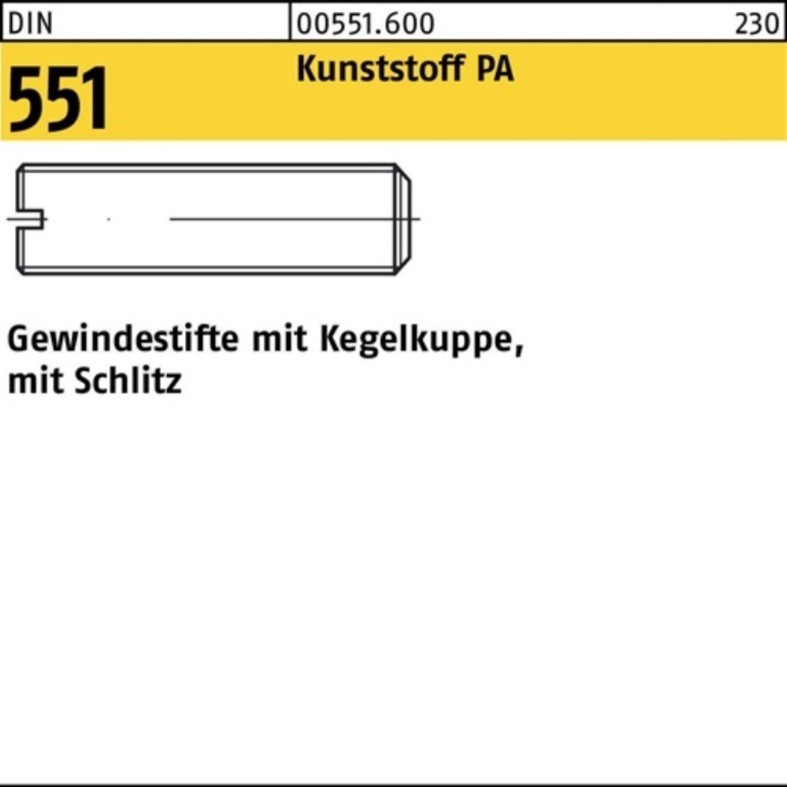 Reyher Gewindebolzen 100er Pack Gewindestift M 6 x 6 DIN 551 m.Kegelkuppe/Schlitz Polyamid