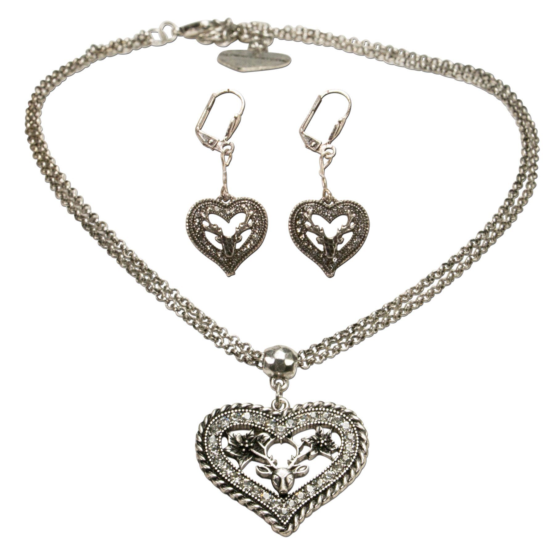 Alpenflüstern Ketten-Set Trachtenschmuck-Set Trachten-Halskette und Ohrstecker Strassherz Hirsch (antik-silber-farben), - Damen-Trachten-Schmuck, Trachtenset Trachtenkette und Trachten-Ohrringe