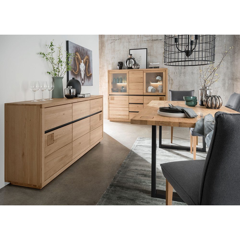Lomadox Esszimmer-Set WINCHESTER-69, (Spar-Set, 3-St., Highboard Esstisch Sideboard), Esszimmermöbel Hochkommode Tisch Eiche massiv Hirnholz-Detail