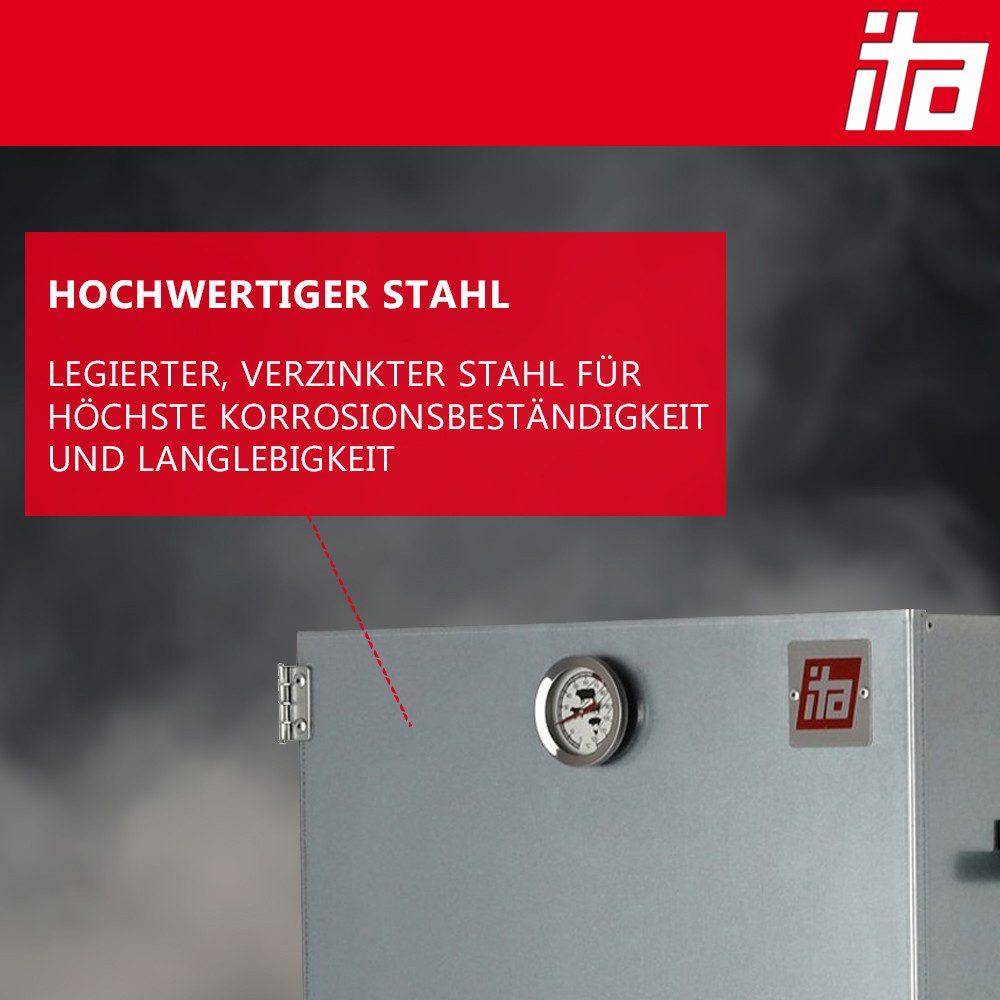 ITA Räucherofen Räucherofen 7003 - Premium XL Räucherschrank mit 3 Etagen 111 cm, 1-St., Legierter Stahl - Smoker - Qualität Made In EU Direkt vom Hersteller