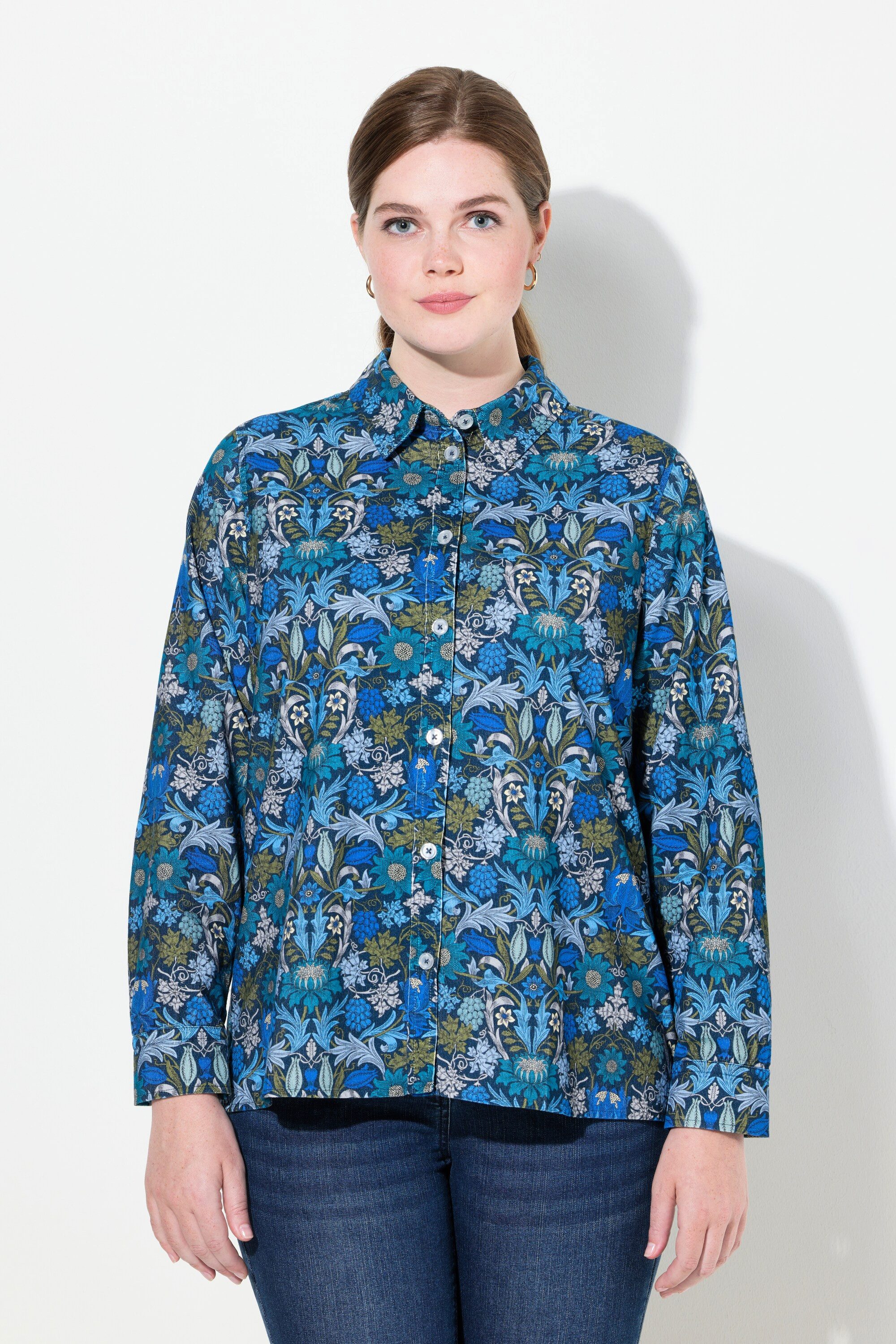 Hemdbluse Cordbluse floraler Druck Hemdkragen Langarm