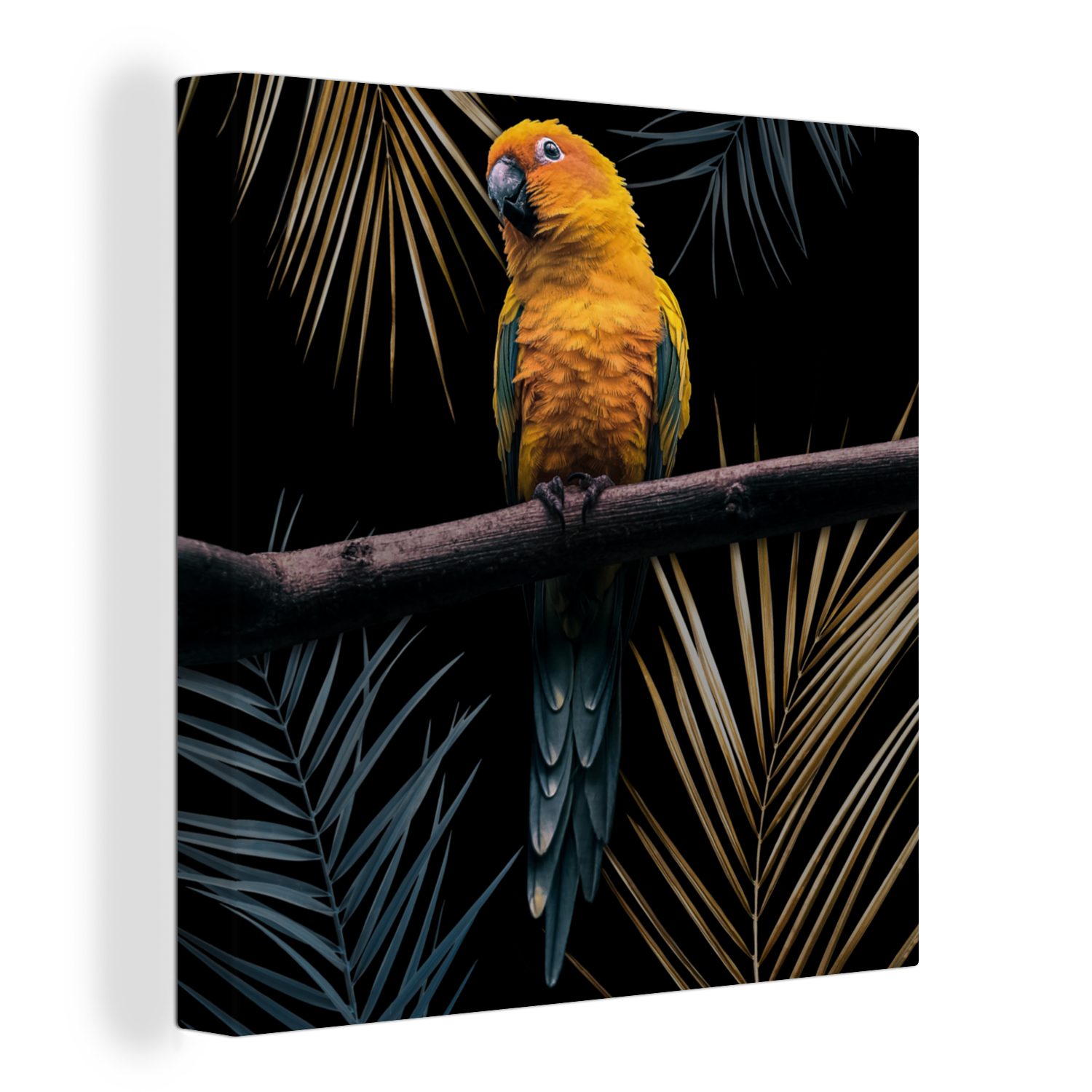 OneMillionCanvasses® Leinwandbild Vogel - Papagei - Zweig - Blätter, (1 St), Leinwand Bilder für Wohnzimmer Schlafzimmer bunt