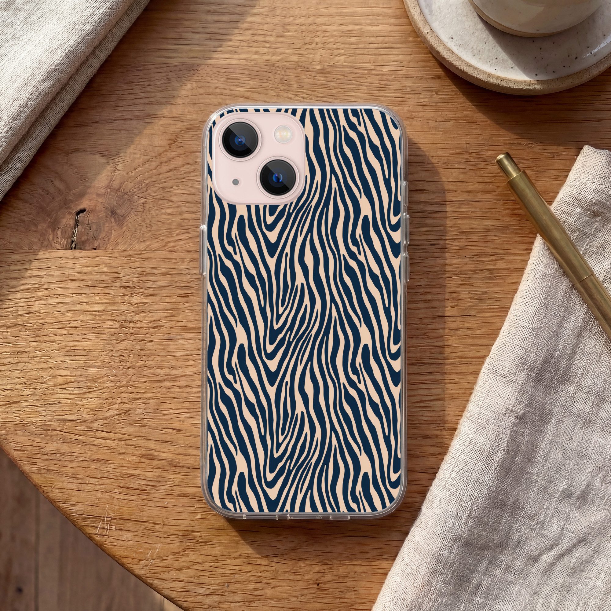MuchoWow Handyhülle für Apple iPhone 13 Zebra - Muster - Blau - Beige, Smartphone-Bumper, Print, Handy Schutzhülle Dünn