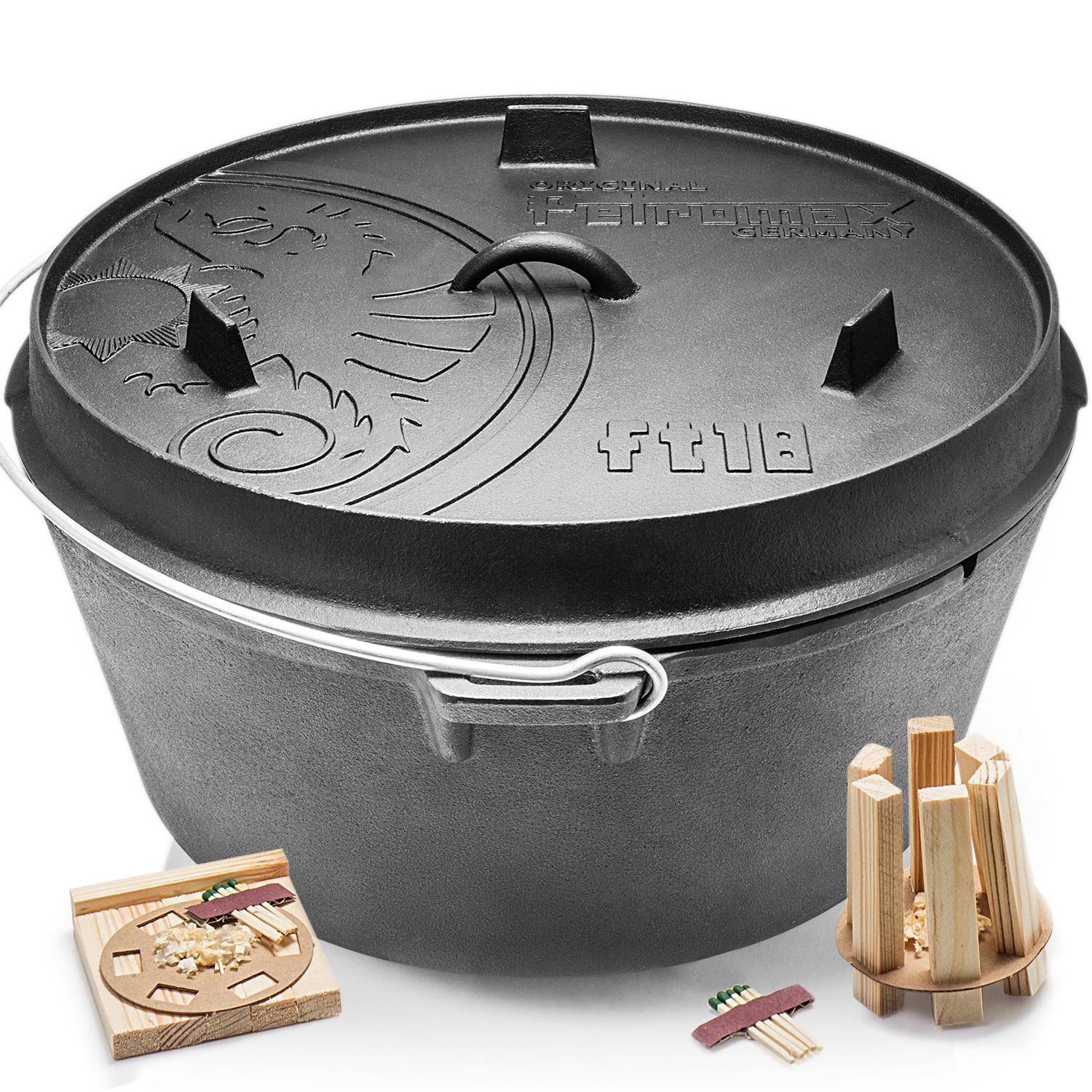 Petromax Schmortopf Feuertopf ft18 mit Deckel ohne Füße Dutch Oven, Gusseisen (Spar-Set, 3-tlg, 3-tlg., für mehr als 20 Personen geeignet), Deckel mit Henkel als Pfanne nutzbar, Topf induktionsgeeignet