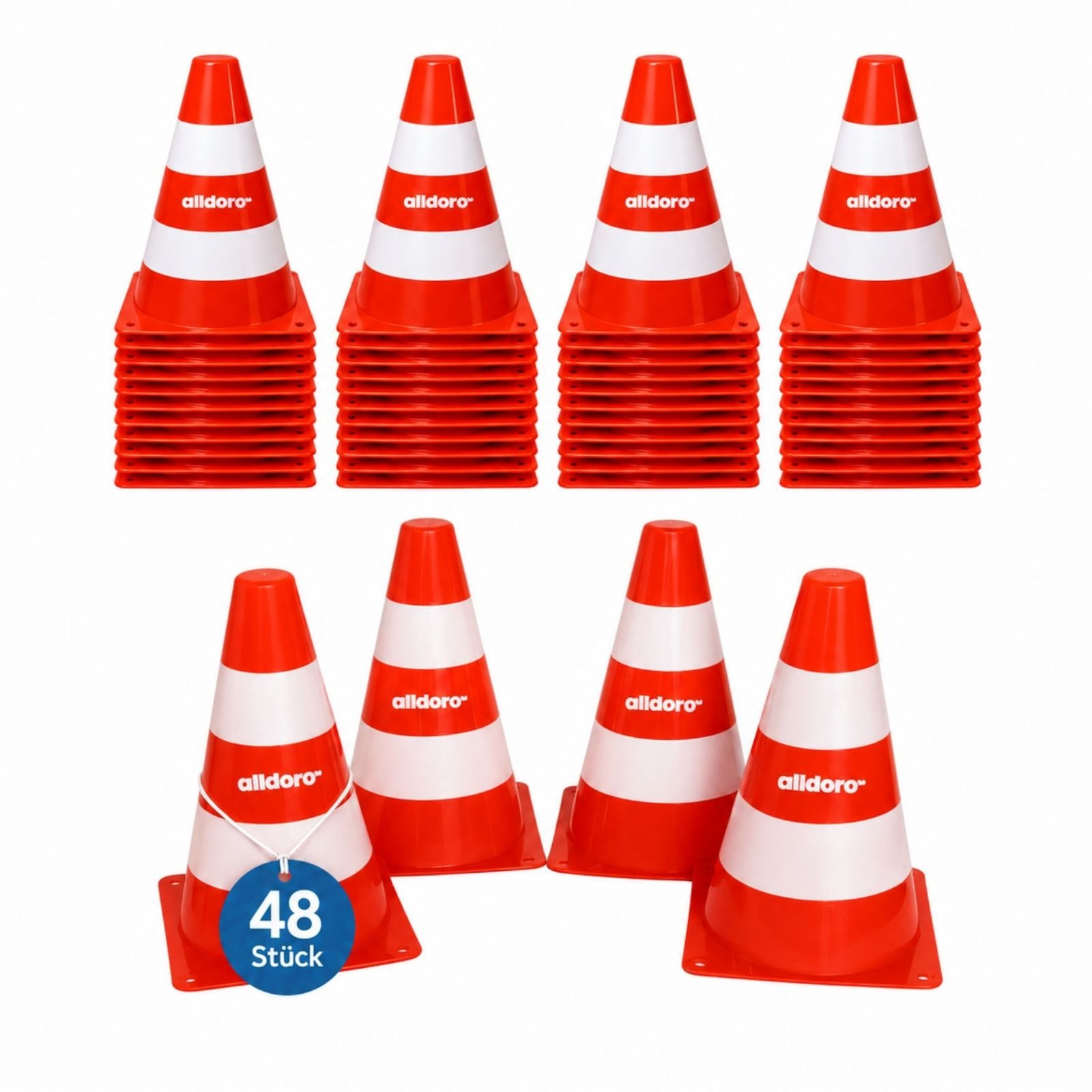 alldoro Pylonen Pylonen 48er Set, Leitkegel für Gruppen, Sport, Schule und Vereine, 18 cm, orange-weiß, stapelbar, für Slalom, Parcours, Verkehrserziehung
