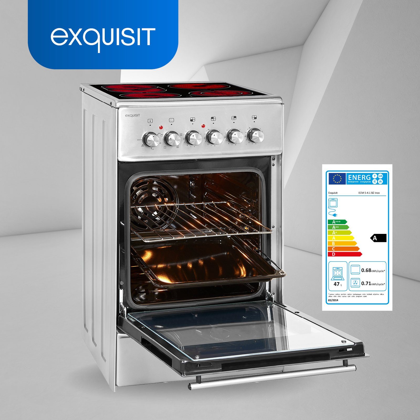 exquisit Elektro-Standherd ECM 5-4 BZ, Inox für Kochen ideal Umluft, flexibles Bräterzone Grill, 2-Kreisbräter &
