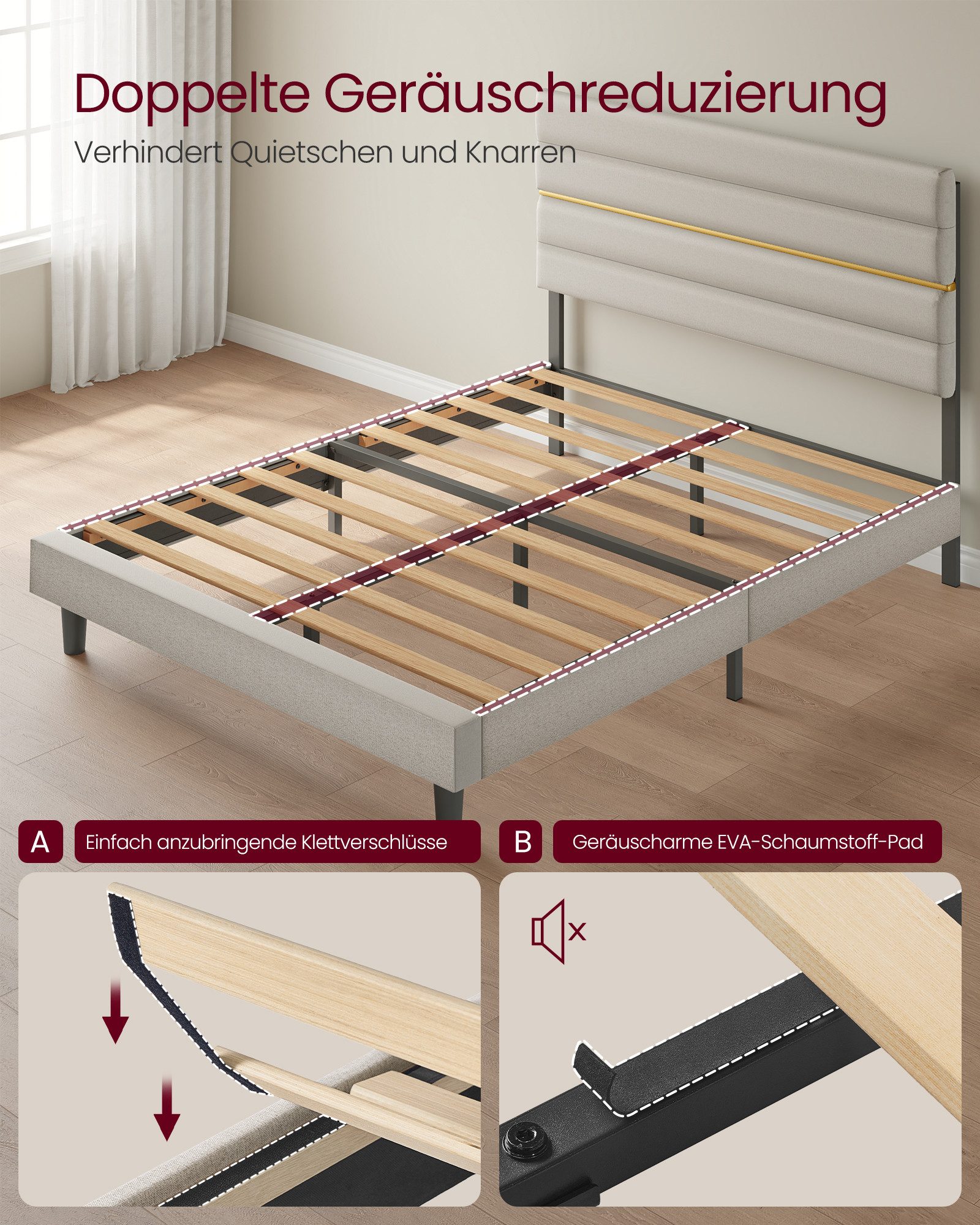 VASAGLE Polsterbett Doppelbettgestell verstellbares gepolstertes Kopfteil, Massivholz, modern, passend für 160 x 200 cm Matratze, Bettgestell – Bild 5 von 5