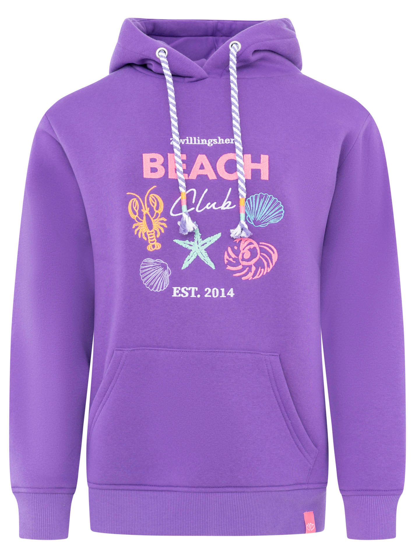Zwillingsherz Hoodie "Beach Club" Muschel-Motiv, Kapuze mit bunter Kordel, Kängurutasche