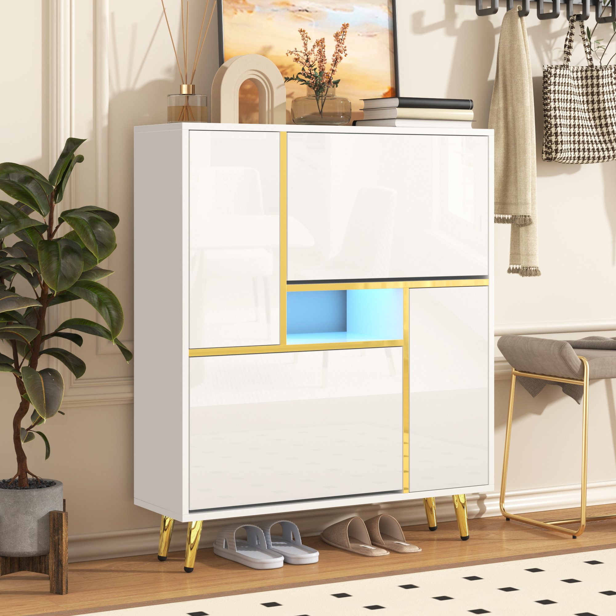 Merax Schuhkipper FSW200 mit LED-Beleuchtung (Hochglanzfront, 80x25x96 cm), Schuhschrank mit 2 Klappen und Schränke, Schuhregal, Schuhkommode – Bild 3 von 5