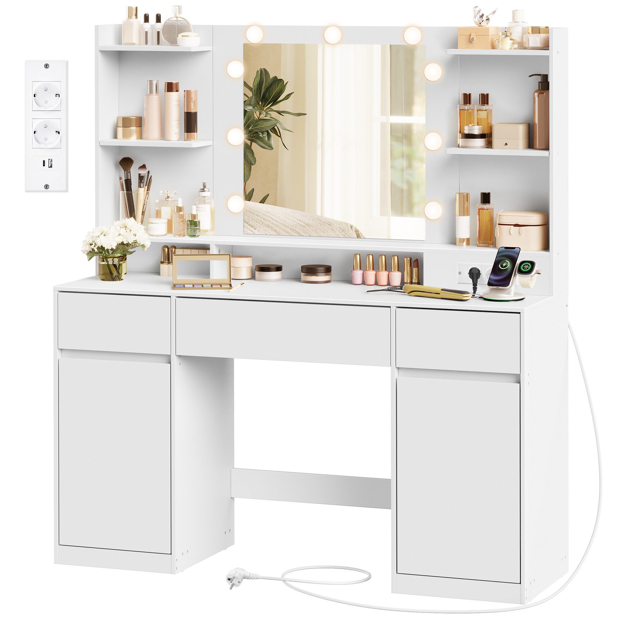 VASAGLE Schminktisch mit Spiegel und LED-Leuchten, Steckdosenleiste, Schubladen (1 Tisch), 2 Schränke, 9 dimmbare Glühbirnen, 3 Lichtfarben, verstellbare Ablagen
