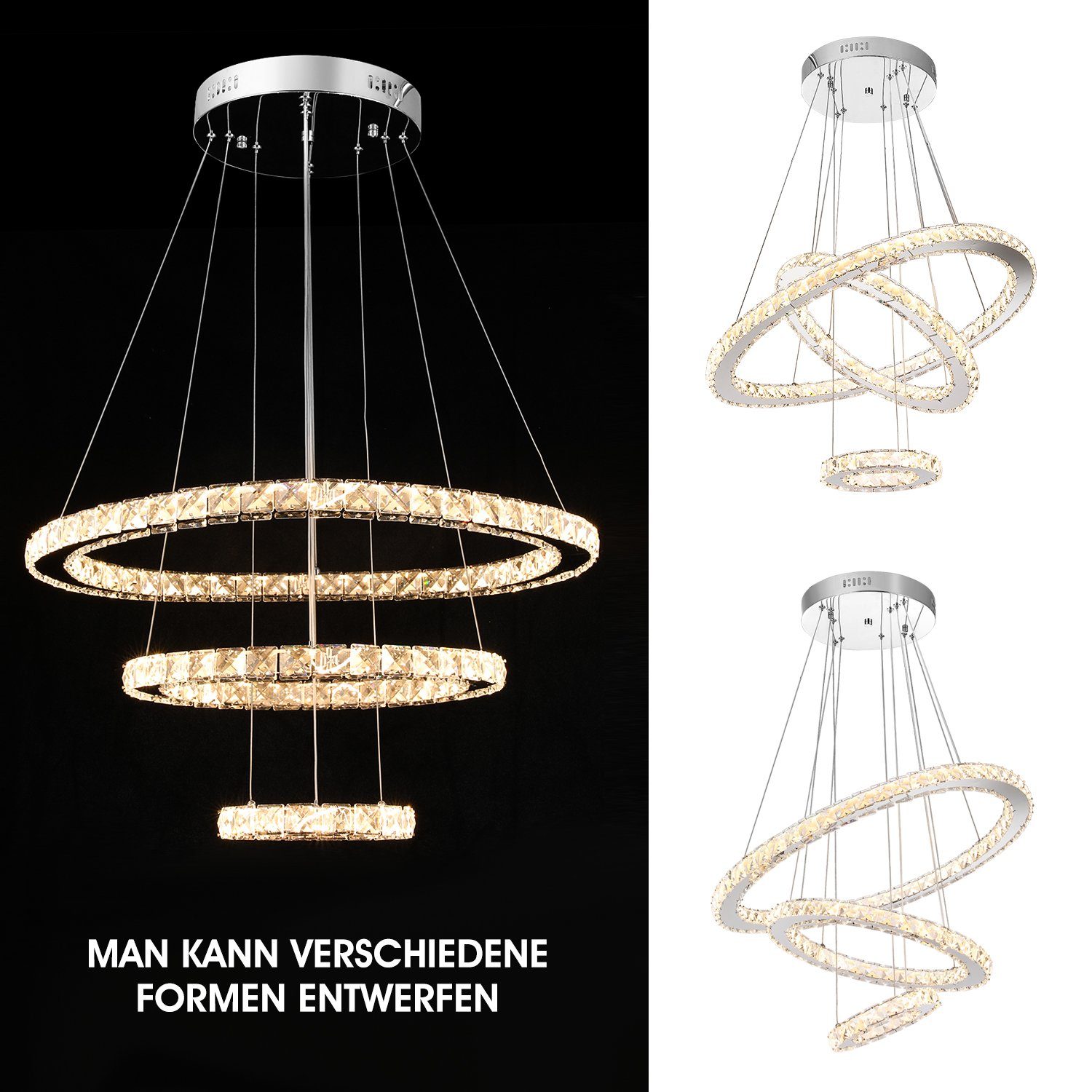 Kaltweiß/Naturweiß/Warmweiß, Deckenleuchte Kristall Hängelampe Höhenverstellbar Pendelleuchte, Bürolampe LED Kristall cm, integriert, 60+40+20 Dimmbar Esstischlampe, Pendelleuchte Moderne fest oyajia Deckenlampe, 60W mit LED Fernbedienung,