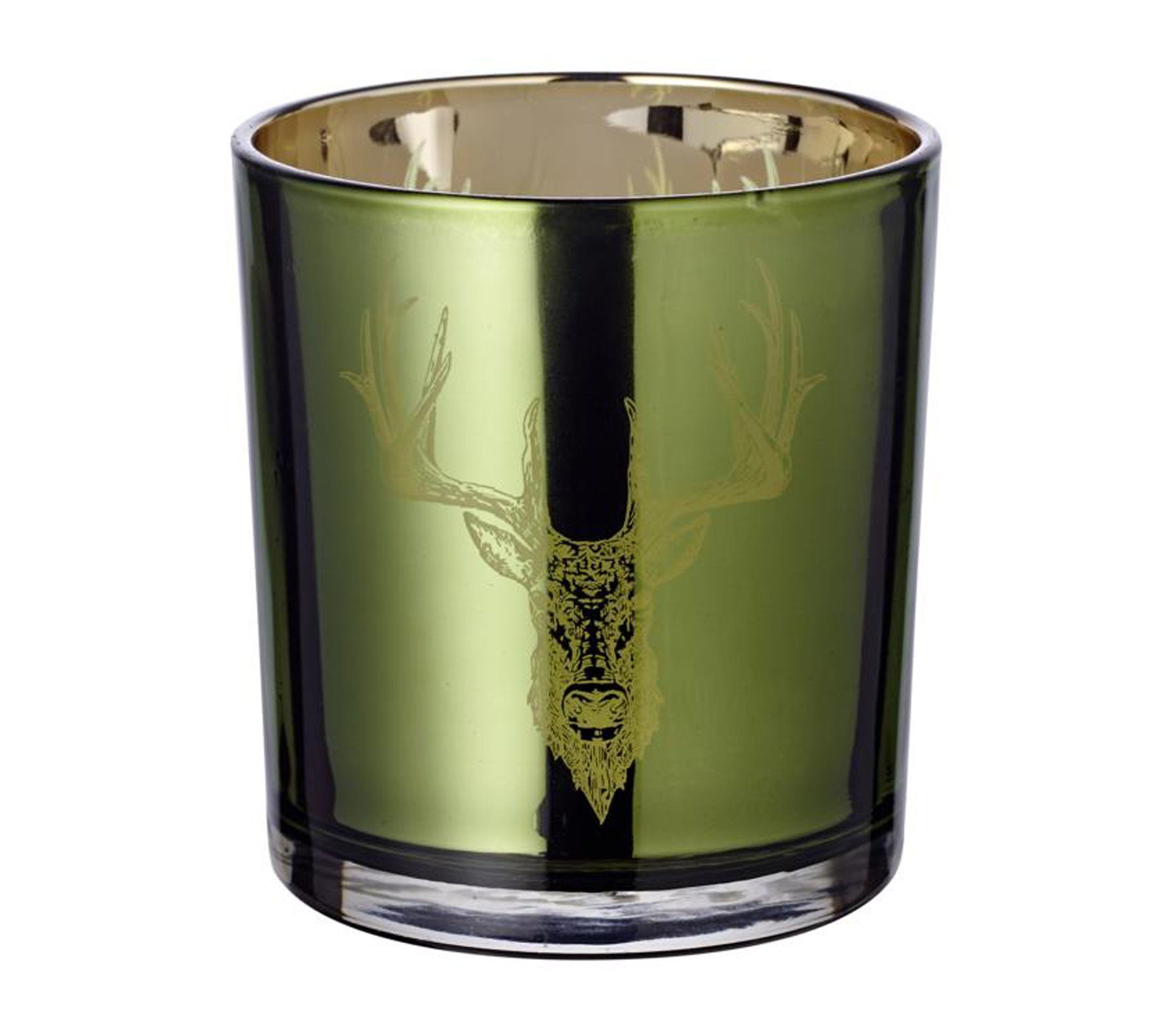 EDZARD Windlicht Ted, Glas, Hirsch-Motiv, grün und gold, H 8 cm, Ø 7 cm