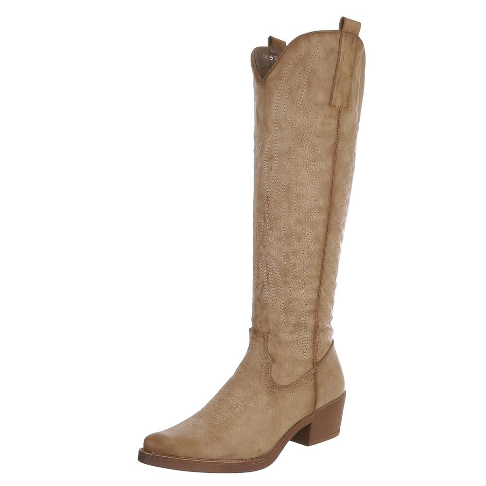 Ital-Design Damen Kniehohe Stiefel mit eleganter Stickerei Westernstiefel (89937839) Blockabsatz Stiefel in Hellbraun