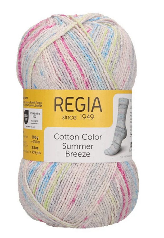 Regia Sockenwolle 4 fädig Cotton Color mit Baumwolle Häkelwolle, 420 m (100g Strumpfwolle, Sockengarn 4fach, auch für empfindliche Haut und Wolle-Allergiker), mit 72% Baumwolle, ohne Schurwolle